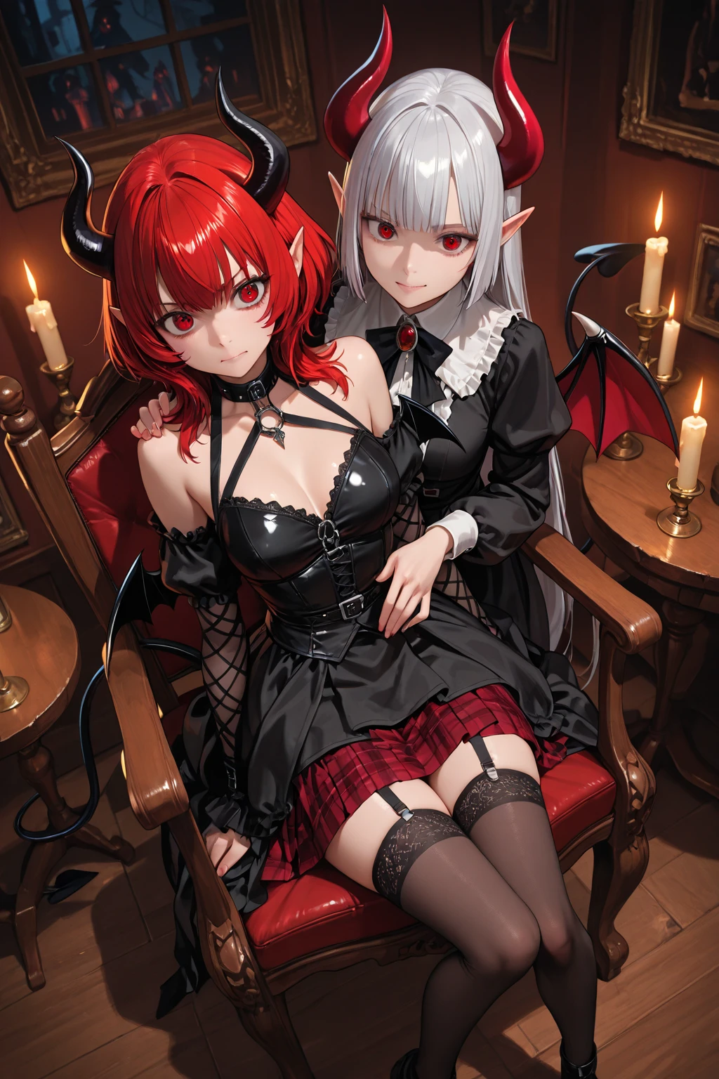 Succubus(twins)　Seductive Pose　Sexy Body　　Attractive face　　Heart symbol　Cute Smile　　An eye is a heart　　Attraction Magic　Angle from below　Posing while sitting on the bed　short hair　big 　Sweets room background　Cute Dresses　Sitting pose　Posing while hugging each other