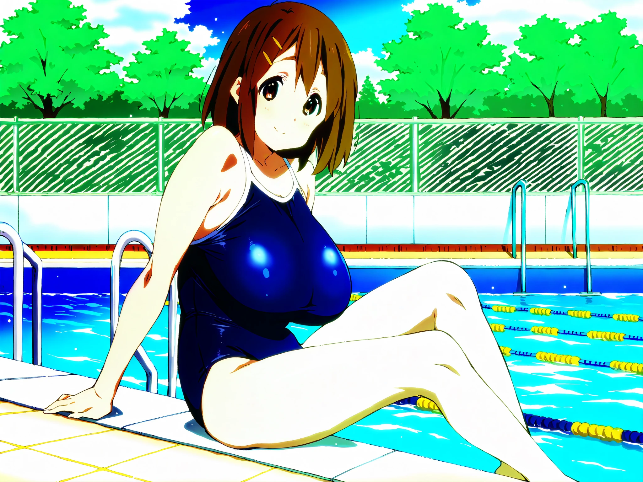 haruhi suzumiya, short hair, brown hair, brown eyes, hairband, medium hair, ribbon, hair ribbon, old school swimsuit, dutch angle, cowboy shot, (angry:0.5), full-face blush, embarrassed, trembling effect, teeth, heavy breath, looking at viewer, huge breasts, erect nipples, chichibukuro, futa, penis, school pool, blurry background, bokeh, pose, photo shoot, score_9, score_8_up, score_7_up, source_anime, penis cutout, pre cum, masterbation, handjob, cum burst