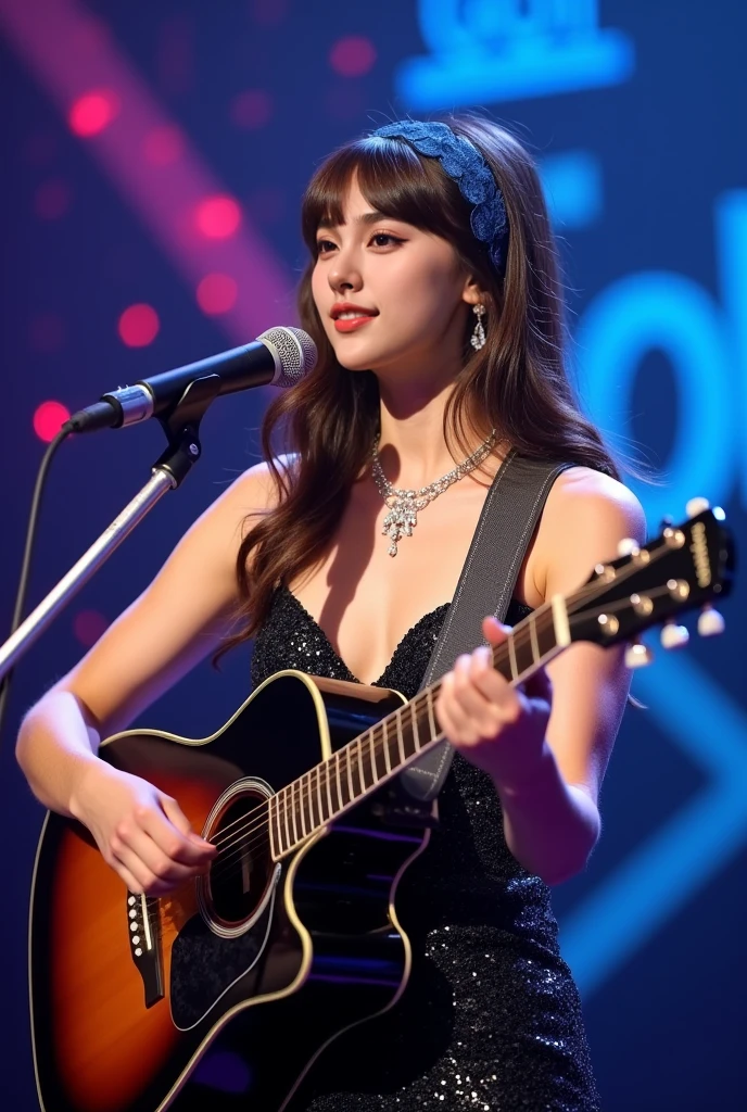 So cute like an idol、16歳のhigh school student少女, Young face、Smiling Kindly、High School Cultural Festival Live、、Cleavage-revealing design、Singing on the gymnasium stage、Full body portrait、 Natural light、Accurate、Anatomically correct、Textured skin、front lighting、f/1.0mm、fujifilm G FX 50R、Super Detail、 Attention to detail、highest quality、High resolution、Real、realism、Raw photo、Genuine、masterpiece、1080p、Guitar Heroine、Let's Rock、high school student、Gymnasium Live