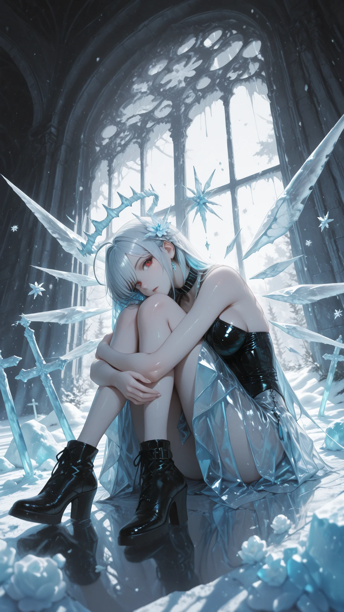 ((A close up)) of anime teen girl, ((((sitting in a stone stool in the sky))))), (mostly naked), ((barefoot)), (cinematic light), skin is perfectly white, soft, and smooth, ((no nsfw)), Extremely delicate and beautiful CG illustration, small thigh, slim body, best quality, high resolution, dynamic angle, full-length lens, ((1 girl)), (detailed eyes), soft light, high-key lighting), glowing light, feathers fluttering background, blue crystal, ((blue glowing ring around her ankle)), (((wearing (nothing) but a white (transparent) tank top)))