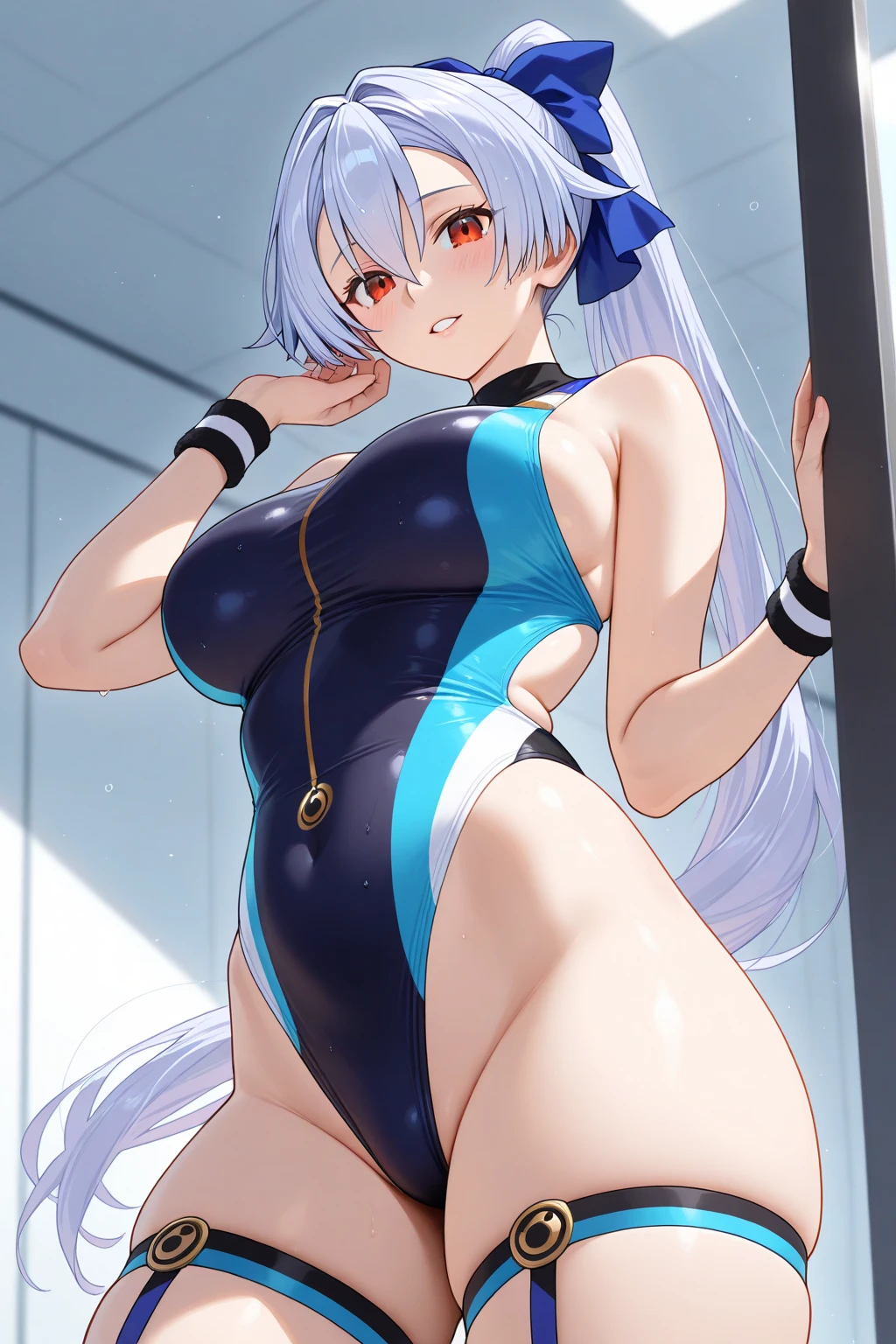 anime girl、mature girl、beautiful girl、Cool girl、middle School girls、solo、girl wearing a swimsuit、one piece swimsuit、earrings、girl with very long silver hair、clothing:High-cut swimwear、Swimsuit for swimming competitions、big breasts、woman with very large breasts、covered_nipples、Depth of bounds written、looking_at_viewer、紫色と白色の縁のタンクスーツを着たanime girl、High-leg racing swimwear with purple and white trim、Two-tone high-leg racing swimsuit、smile、rating:questionable、covered_navel、In the indoor pool、His arms are placed behind his back.、blurred background、cowboy shot、a girl is standing、collarbone、Swimsuit、purple eyed girl、mouth closed、parted bangs、girl with half up hair、breasts_apart、dutch angle、buttocks visible from thighs、Bare shoulders、bare legs、bare arms、shiny、rating:safe、Eyebrow、navel、