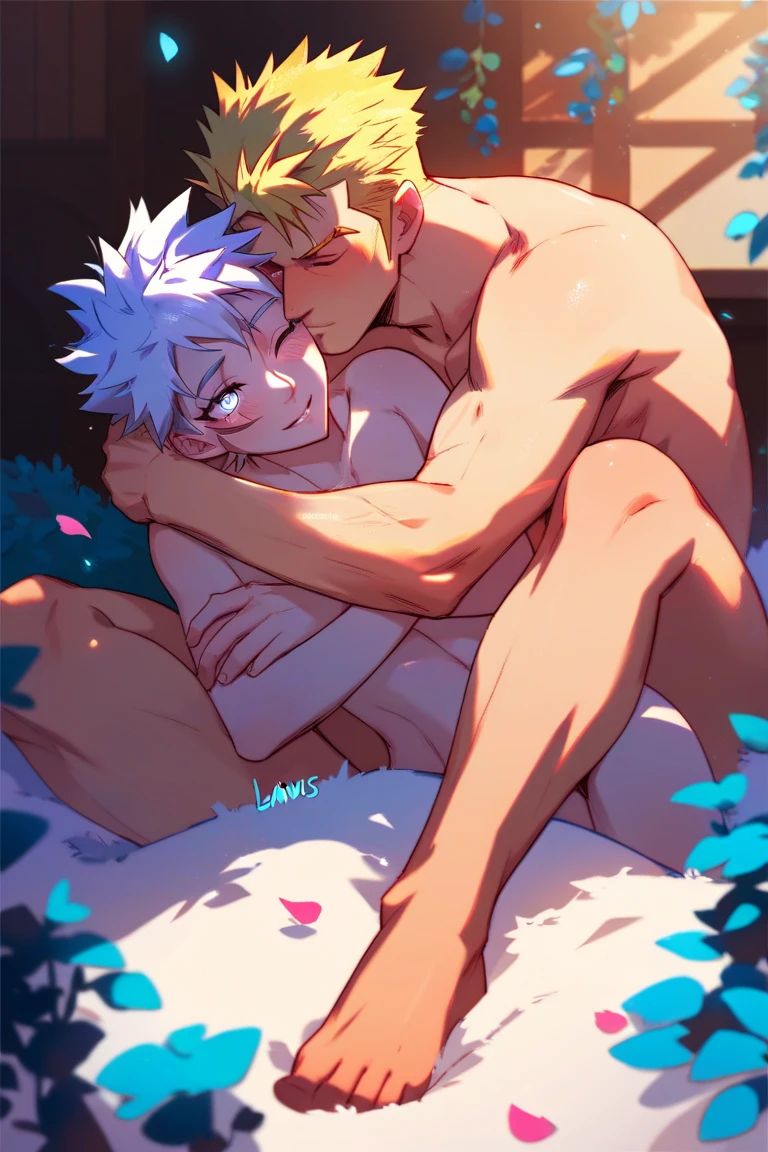 (absurdres, highres, ultra detailed, HDR) master piece, best quality, Alhaitham, gray hair, genshin impact, gay, yaoi, room, night, bed, cum, dick, horny, sex, naked