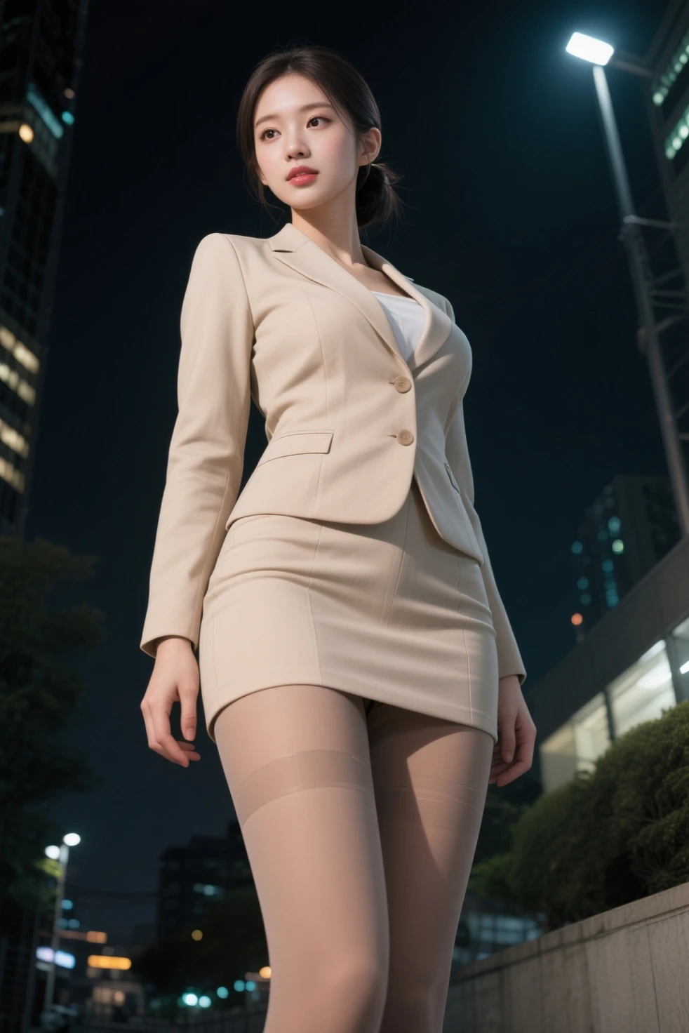 (8k, RAW photos, top quality, masterpieces: 1.2), (Realistic, photorealistic: 1.37), (City at night), (Professional lighting), (Photon mapping), (1 girl: 1.1), (Standing), (Full body), (Sexy), (Tall), (Sweat-soaked skin), (Brown medium hair), (Abs are toned), (Slim figure), ( see-through wet panties), (camel toes), (blazer), (short skirt that does not hide panties), (wearing high heels), (detail), (beautiful face), (perfect proportions), (masterpiece), (best quality), (skirt up to show panties), (small breasts), (long legs: 1.2), (thin thighs), ( Panties can be seen from under the skirt), (The shape of the woman's pubic area is clearly visible:1.2), (low angle:1.1)