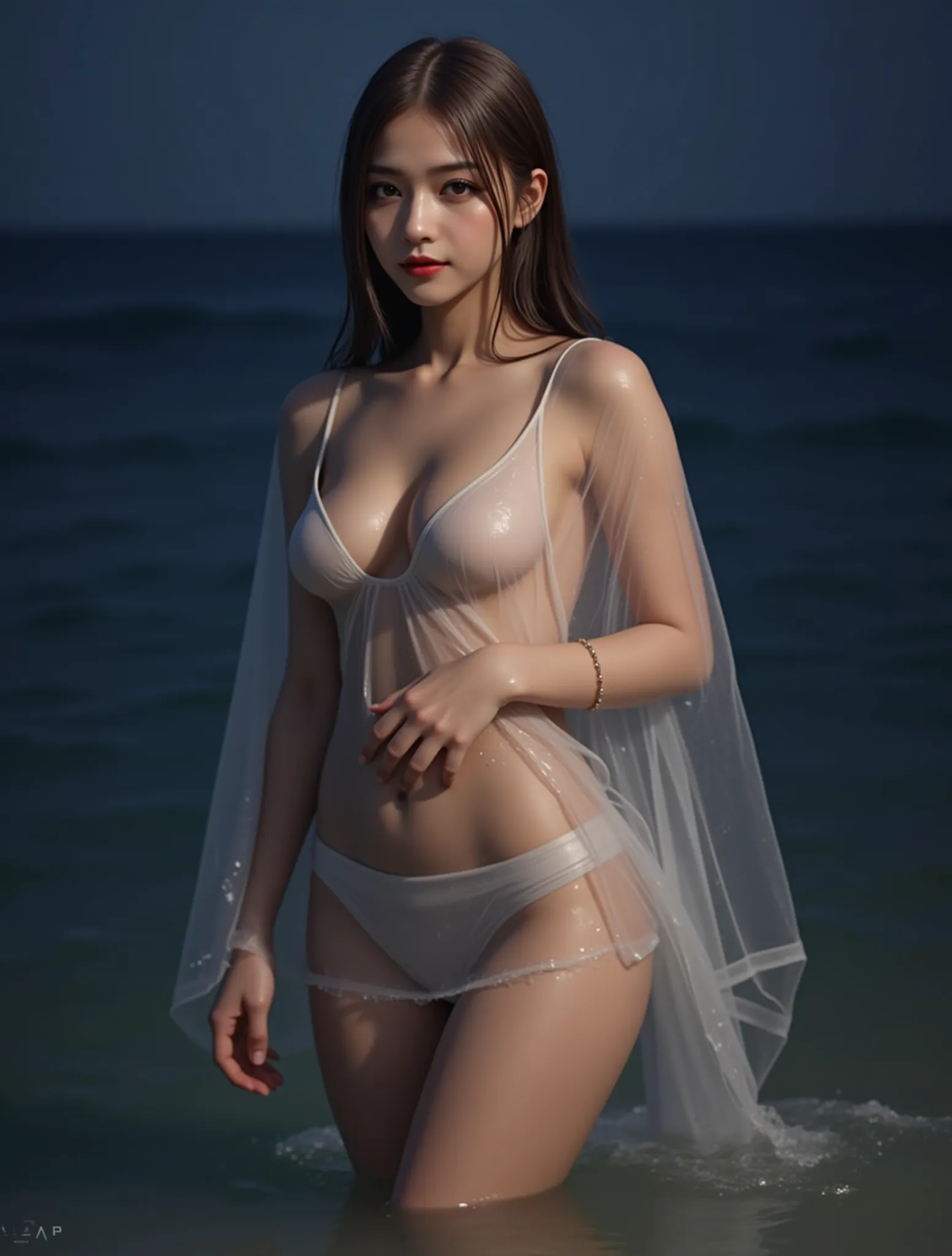 ((Highest quality)), ((masterpiece)), (detailed), (NSFW:1.2), A beautiful 16-year-old Japanese girl wearing a see-through white dress standing on a sandy beach, Shy, Sakura Ayane, Beautiful breasts, (panty lift),
