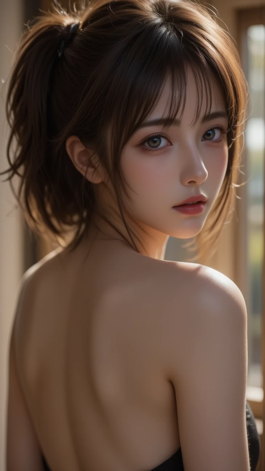 (8K, Best Quality, Masterpiece: 1, 2), (Realistic, Photo Realistic: 1,37), Top Quality, Masterpiece, Skinny 1girl Negona upper body photo wavy ponytail hair, sexy dress, Chest cloth relax, bandeau dress, in the Colosseum, Wide angle close-up