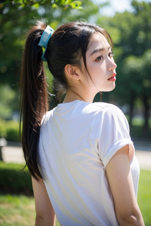 ((Highest quality, 8k, masterpiece: 1.3)), sharp: 1.2, Perfect Body Beauty: 1.6, ((Layered Hairstyles, Small breasts: 1.5)), (blue sky: 2.0), (T-Shirts: 2.0), ((long hair: 2.0)), ((necklace)), Earrings, ring, Bracelet, Hair Accessories, ((Beautiful young teenager woman)), ((Straight nose)), (Eyeliner), Armpit Hair, Bristles, ((White and beautiful skin)), Wavy Hair, Beautiful attention to detail, Super detailed, Highly detailed face and skin texture, fine grain, double eyelid, Black Hair, Big Ass, Lower Body, Thighs, (((Skinny))), Wet and shiny lips, (smile: 0.5), Get a grip on your body, ((Anatomically correct human body)), ((Crisp body shape)), Ribs, clavicle, Protruding skeleton, A face without nasolabial folds, Shyness, Thin eyebrows, Big eyes, (shoot from side: 1.0), (Narrow shoulders: 2.0), (Serious face: 1.0), Corset-like dress, White skin, Closed Mouth, (In pants: 2.0)
