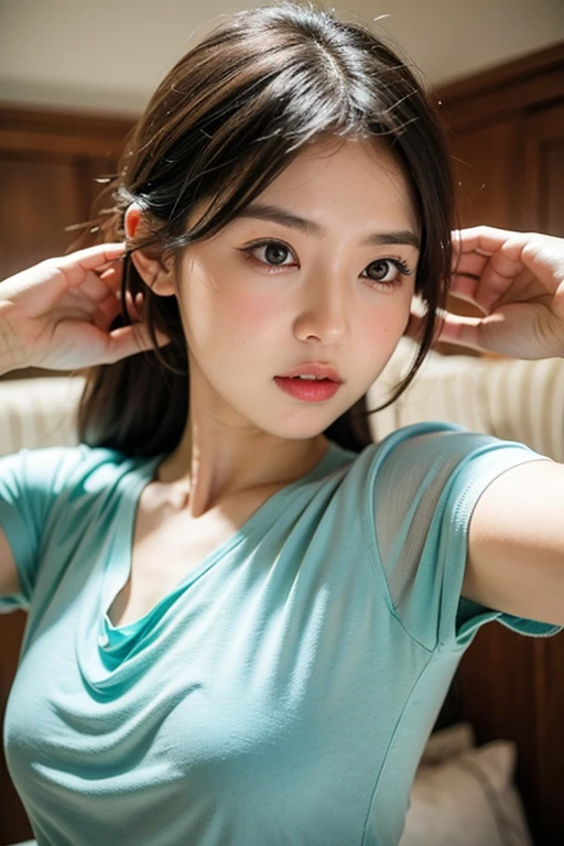 realistic photos of 1 cute Korean star, hair pulled back, white skin, thin makeup, 32 inch breasts size, wearing blue camouflage t-shirt, in the car, upper body portrait, dithering, UHD