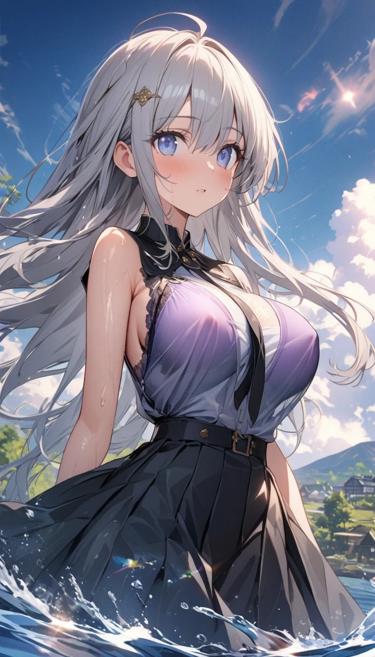 1girl, solo, summer, village, trees, sun, clouds, fantasy, ((colorful hair)), ponytail, big full breasts, Black suspender top , Black skirt, pantiess, Open breasts, blue eyes, grin, looking at the viewer, standing, hair ribbon, golden necklate