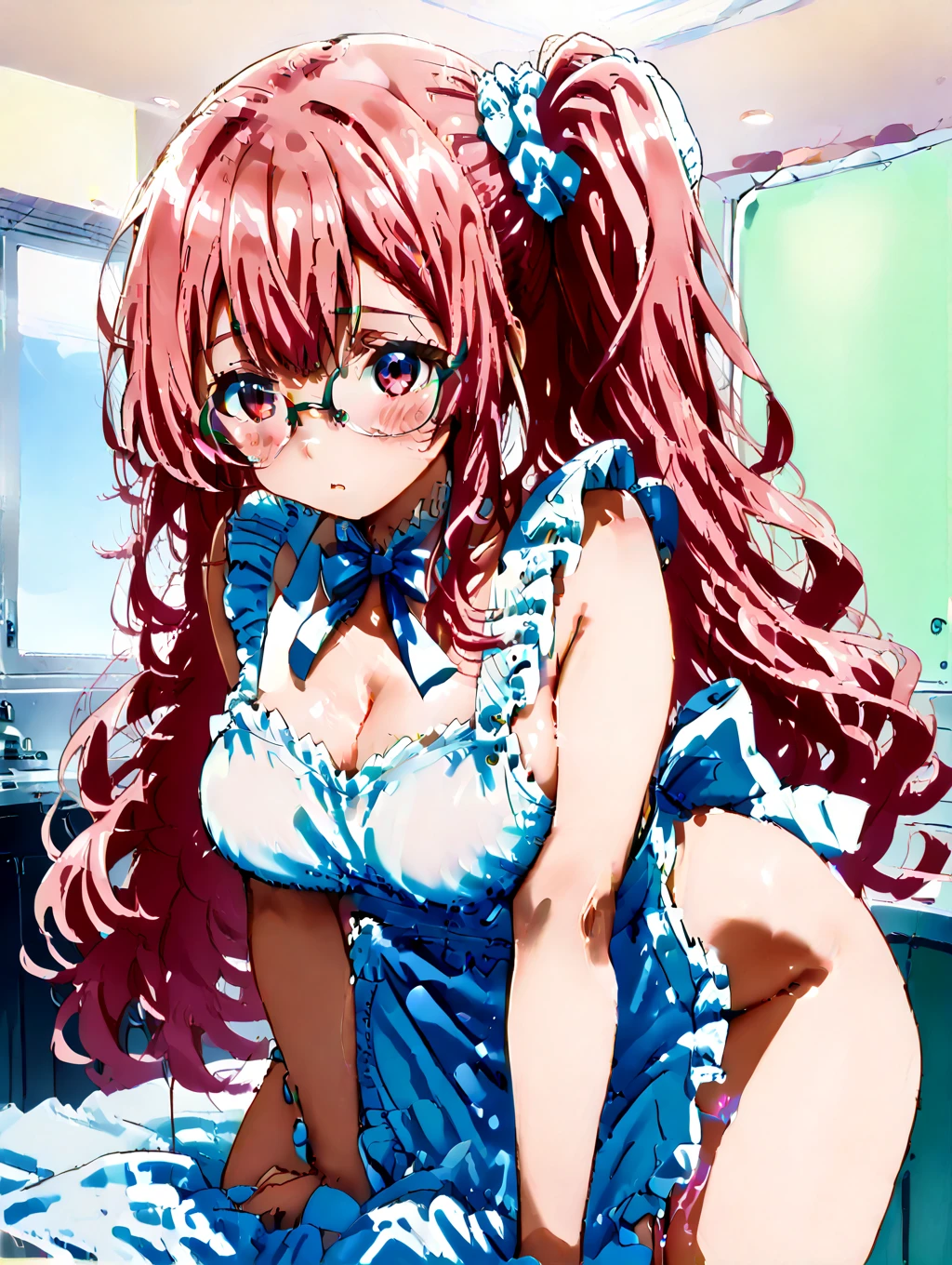 masterpiece, best quality, ultra detailed, best illustration, nsfw, 1girl, one-piece swimsuit, nakano nino, pink hair, butterfly hair ornament, blue eyes