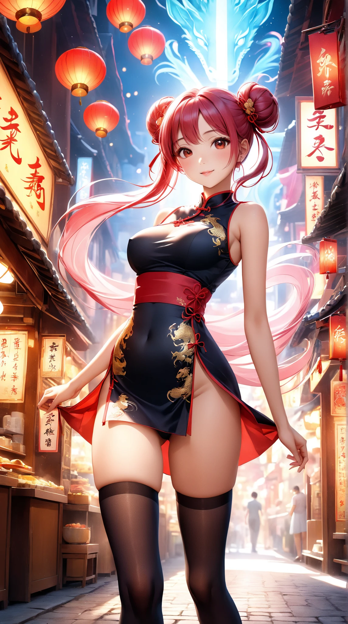 a beautiful detailed girl with long red hair, blue eyes, detailed facial features, wearing a tight-fitting red and white chinese dress with small kyuubi designs, holding a glowing red energy orb in her right hand, surrounded by sakura petals, aura of the nine-tailed fox, 8k, highly detailed, photorealistic, professional digital art, masterpiece, cinematic lighting, vibrant colors, organic textures
