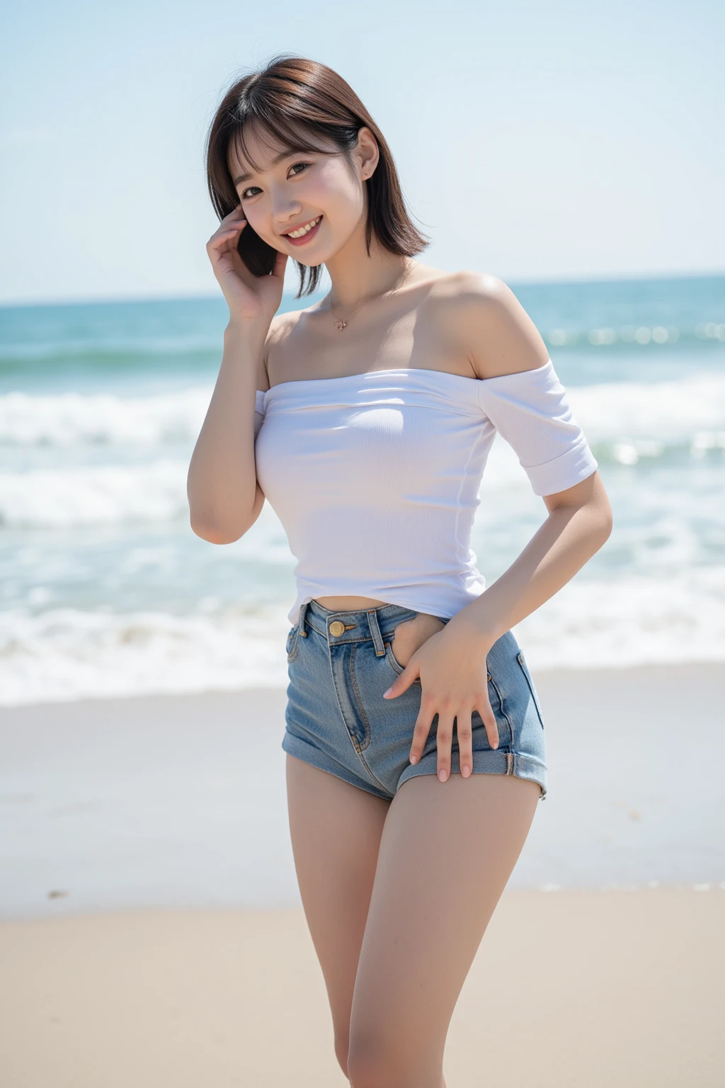 (realistic, photo-realistic:1.37), (masterpiece), (highest quality:1.4), (ultra high resolution:1.2),(Raw photo:1.2), 16 years old,(Realistic Eye Size, droopy eyes, sleepy face, angle from below, realistic skin, ecstasy face), masturbation, strong wind, beautiful brown hair, ((spread legs, Show off your pubic area,shaved pussy)), (girls high ,short mini skirt,off shoulder), outside, coastal, (((Focus on the pubic area, between legs))), ((The dark hours of dawn)), Ocean blue and white sand, (small tits), stream,