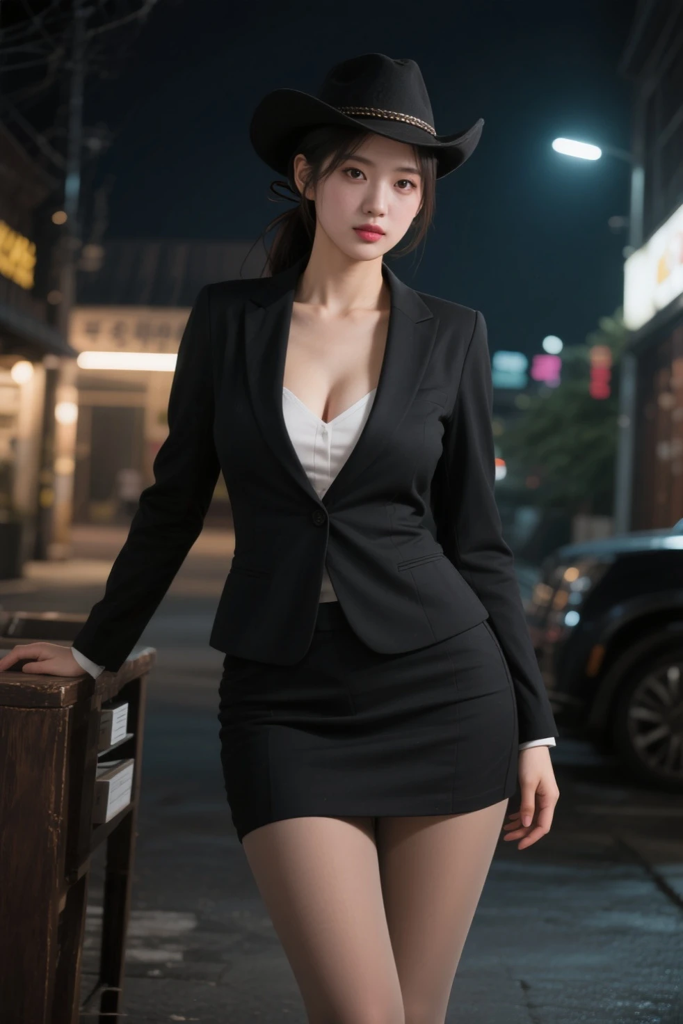 (8k, RAW photo, best quality, masterpiece: 1.2), (realistic, photorealistic: 1.37), 1 girl, korean, 40s, mature, night, professional lighting, poolside, ripped, big, wearing a black formal suit, boob tips sticking out, recognizable, neat, light makeup, black heels, slender, bob cut