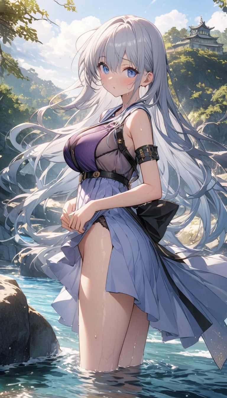 (masterpiece, best quality, detailed), 1girl, solo, Emilia(re:zero),looking at viewer, grey hair, crown braid, white flower, ribbon, pointy ears, purple eyes, braid, rose, flower, hair flower, x hair ornament, bangs, blunt bangs, long hair, white hair, upper body 

 High resolution, Very detailed, Slender body, Bright room, Bright colors, Detailed colors, Headband, open your mouth and smile, mini skirt, off the shoulder,(breast focus:1.4),(show off nipples:1.6), (exposing bare breasts:1.6), (exposed chest:1.6), (no bra:1.6), nsfw