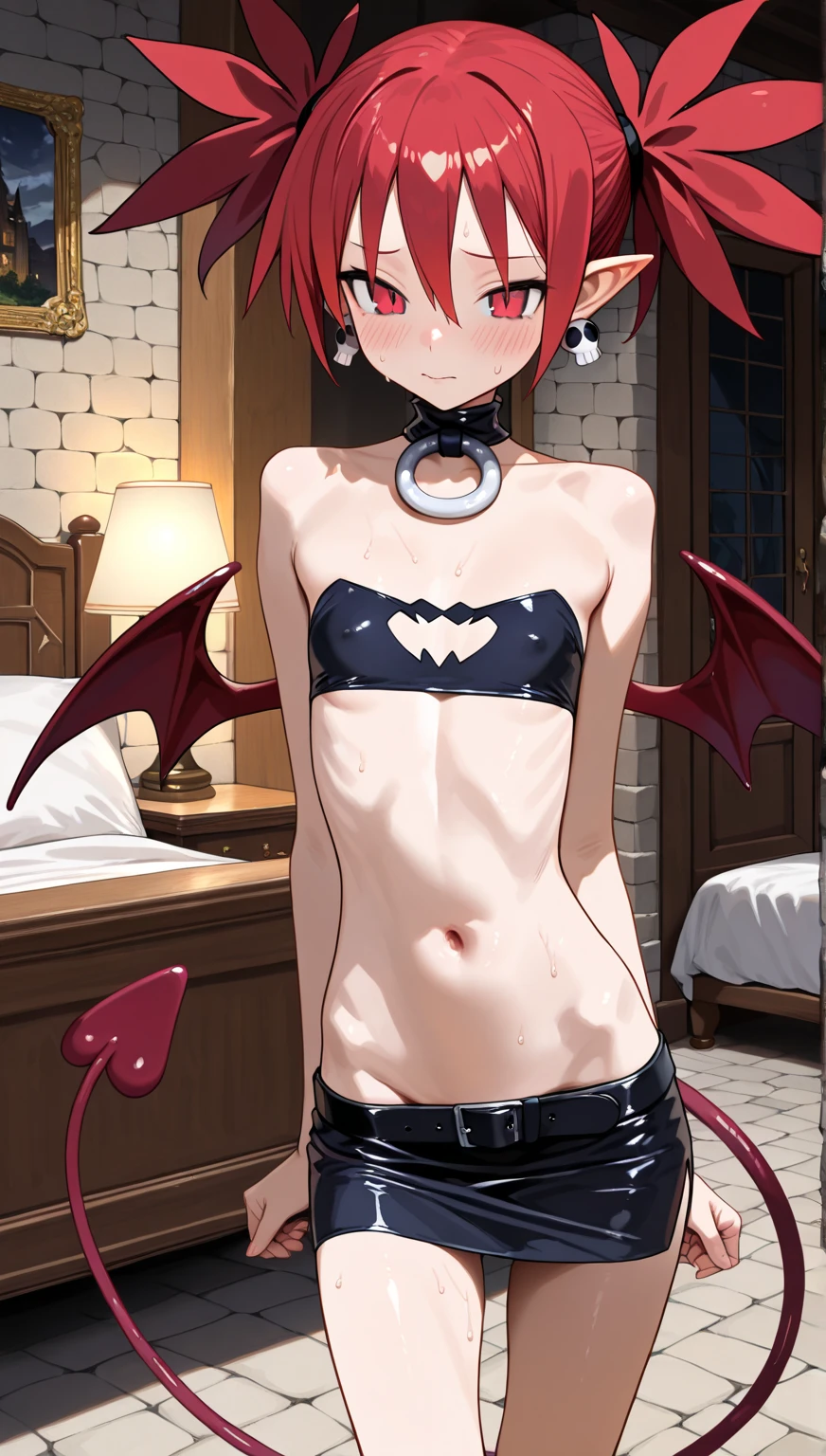 ((NEGATIVE_HAND,NEGATIVE_HAND-NEG)), Kobayashi, cabello de kobayashi, cabello color rojo salmon, cola de caballo pequeña, blushing, frown, (Bust size very very small.)), (flat chest:1.2), Posando avergonzada, costume, cosplay, horns, short hair, star (symbol), symbol-shaped pupils, star-shaped pupils , costume, small breasts, star pasties, wings, pasties, navel, corset, demon wings, bat wings, lowleg pants, elbow gloves