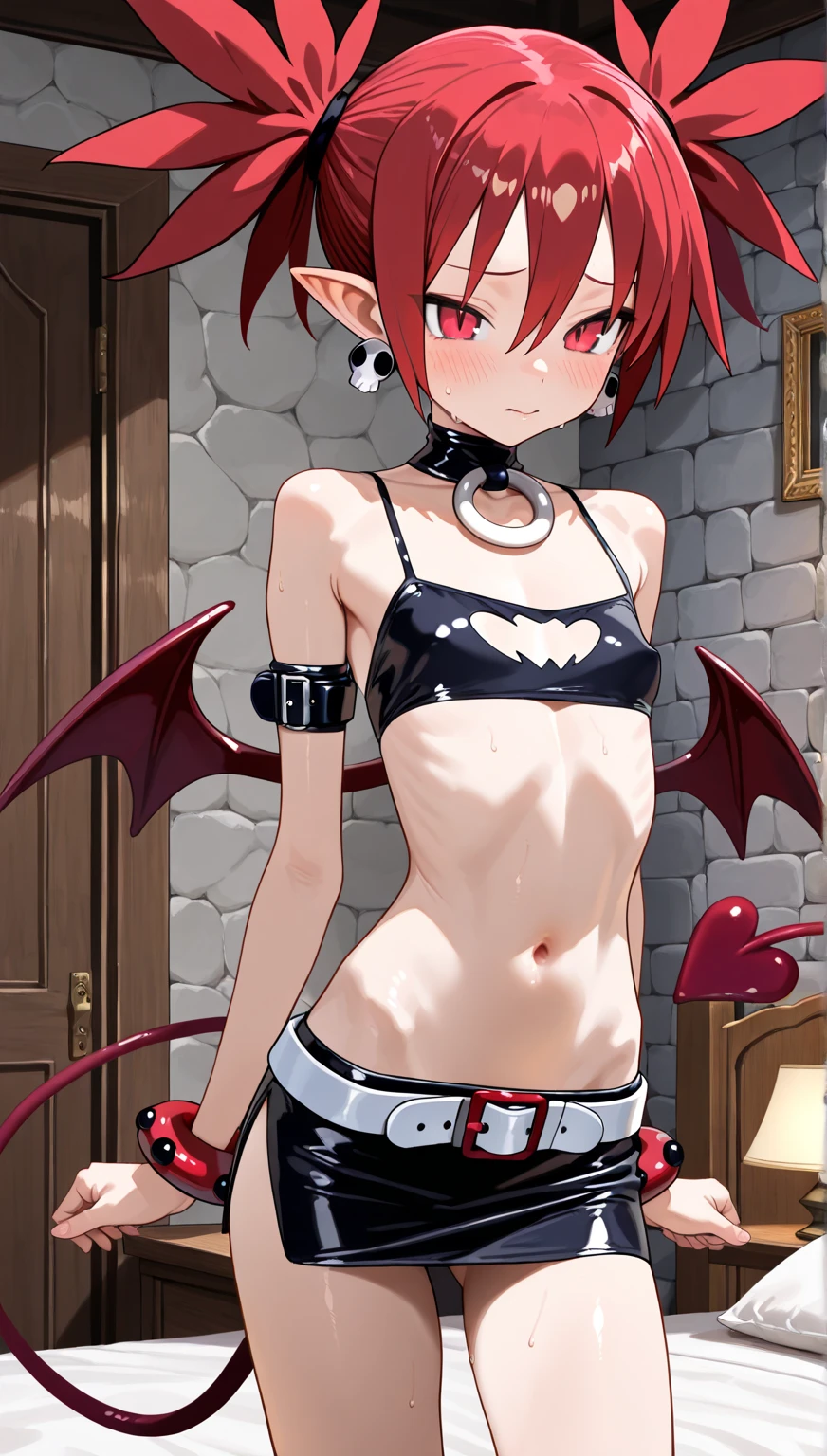 underdressing,indifferent,Red Eyes,Sweat,Soaked,liquid,transparent,Expression of disgust,Back,Cropped tops,Leather Shorts,succubus, bulge, bulge in shorts, big dick, pig tails