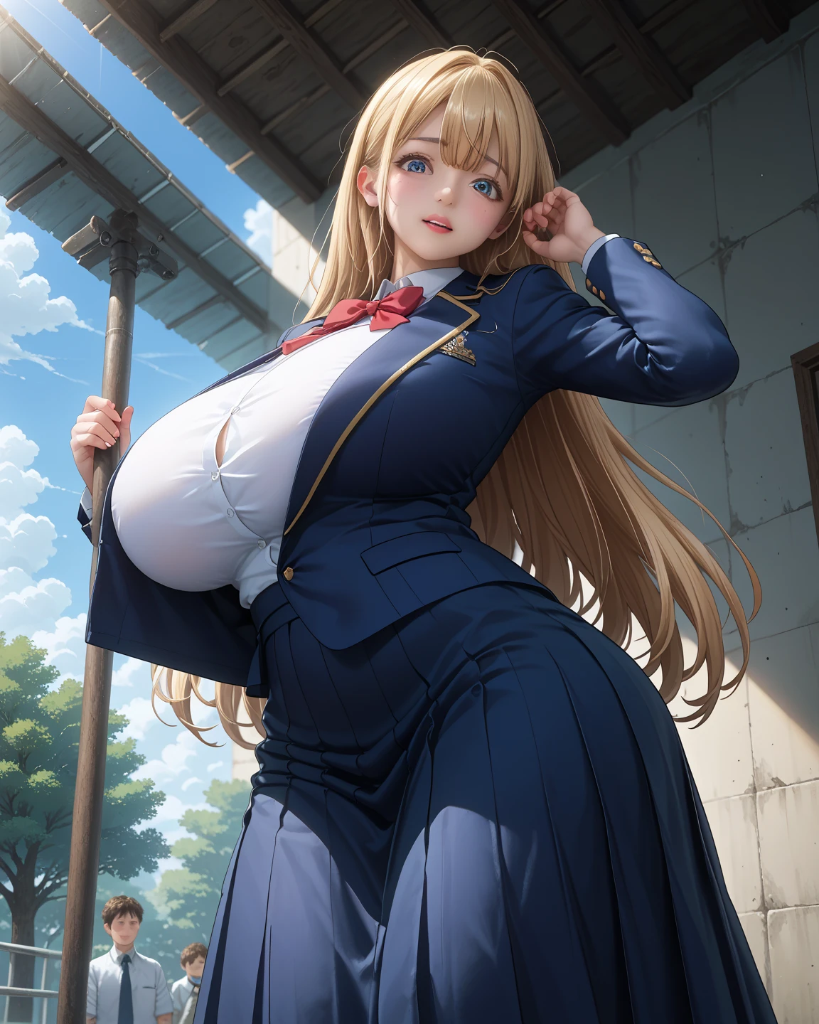 front view detailed body, long belly , slender body, tight body , thicc, large breast, breast, long thighs, masterpiece, long hair, very long hair, bangs, blonde hair,side ponytails,  cowboy shot, front shot, looking at viewer, shirt, skirt, parted skirt, mini skirt, school_uniform, cardigan, pantyhose, day, outdoors, 20yo,Young female,Beautiful Finger,Beautiful long legs,Beautiful body,Beautiful Nose,Beautiful character design, perfect eyes, perfect face,expressive eyes, looking at viewer,(Full_body),(Focus on her face), official art,extremely detailed CG unity 8k wallpaper, perfect lighting,Colorful, Bright_Front_face_Lighting,shiny skin, (masterpiece:1.0),(best_quality:1.0), ultra high res,4K,ultra-detailed, photography, 8K, HDR, highres, absurdres:1.2, Kodak portra 400, film grain, blurry background, bokeh:1.2, lens flare, (vibrant_color:1.2) (Beautiful,large_Breasts:1.4), (beautiful_face:1.5),(narrow_waist), facing the viewer