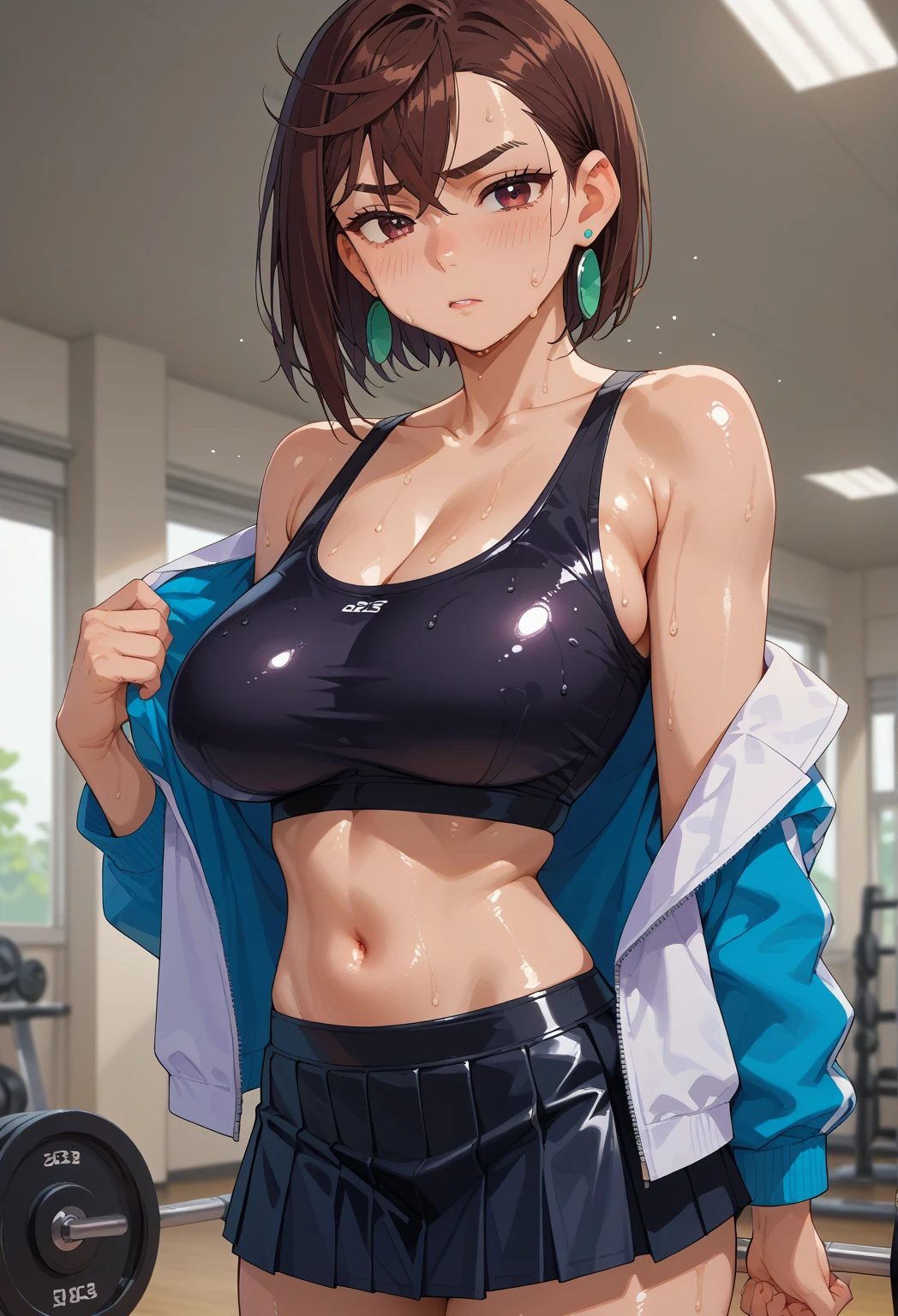 extremely detailed CG unity 8k wallpaper,Best Quality,masterpiece,Extremely detailed,realistic,NSFW,1girl,japanese woman,(Big breasts:1.4),cleavage,toned and glamorous body,(Tank tops:1.3),(Hot Pants:1.3),Medium Hair, Brown hair,Seductive face,Sweat on breasts,(Breast squeeze:1.5),((gym)),from below,