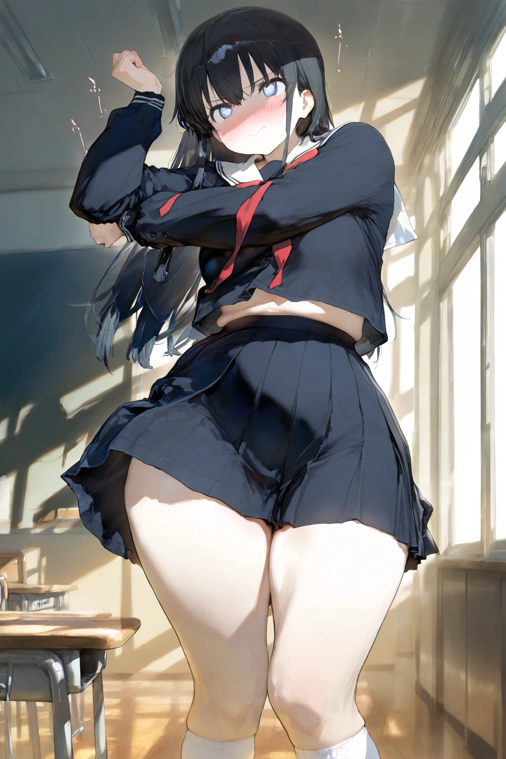 highest quality,wonderful,finely,extremely detailed CG Unity 8K wallpaper, (1 Girl,Black Hair, Blue Eyes,double bun), (small breasts:1.3), (bent over:1.2), (sailor uniform:1.2), (side-tie panties:1.2), (open mouth:1.2), (Black knee socks:1.1),(Thighs),(Waistline),(from behind:1.3),(from below:1.3),(panty shot:1.2)