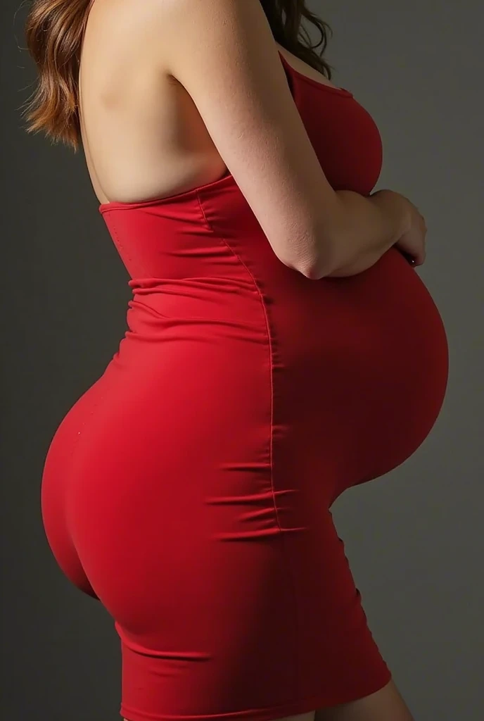 8k, masterpiece, very realistic, Full body Sexy pregnant cheerleader, very slim waist, slim thighs, pleated red cheerleader dress, white cheer crop top, long wavy red hair, medium breasts, pregnant, curved back, from the back, 