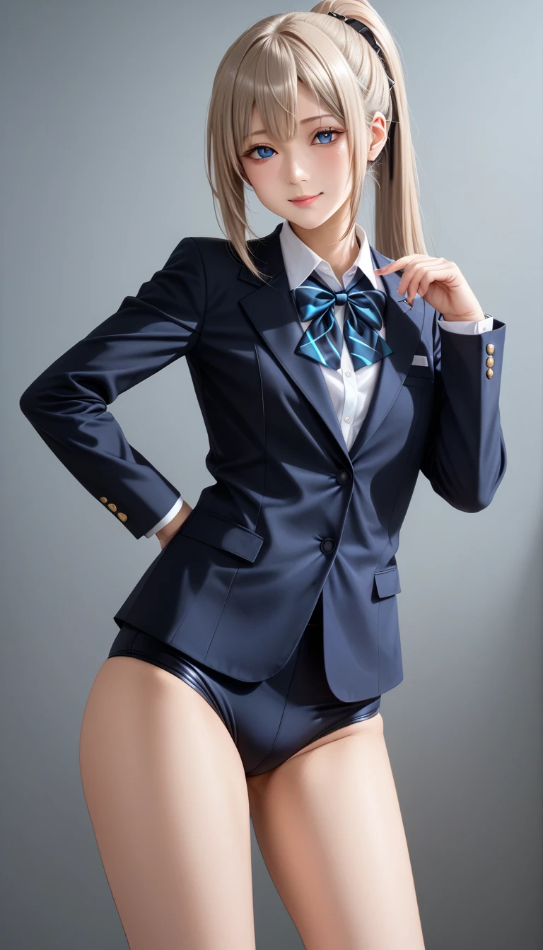 age19, Korean Women、Kpop Idol、blazers、neck tie、a miniskirt、Sit on a stool、((Spread your legs apart))、((The skirt flips up))、((Blue underwear is visible)), Long scattered blonde ponytail、large full breasts、skiny、full body Esbian、((Hands behind the head))、Hyper-detailing、masterpiece、perfect bodies。