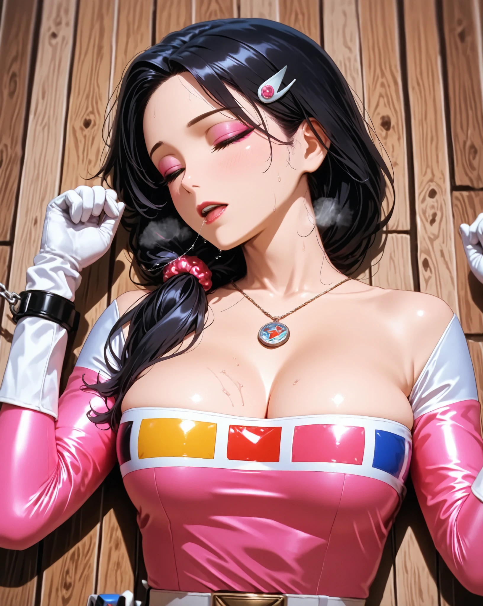 (ultra realistic,32k,RAW photo:1.1),(high detailed skin:1.1), 8k uhd, dslr, high quality, film grain, (makeup, mascara:1.1), lips,(thick\lips\), 
(shiny glossy translucent clothing:1.1), <lora:chi-chi_v1:0.7>dragon ball, aachichi, long hair, helmet, pink headwear, black eyes, shoulder armor, bikini armor, green cape, pink gloves, navel, groin, <lora:add_detail:0.91>, huge breast, 
(looking at viewer, portrait:1.1),, 
 (busty:1.1) ,  (chubby:0.1),(neon pastel light:1.1),<lora:LowRA:0.4>, dark theme, blank background