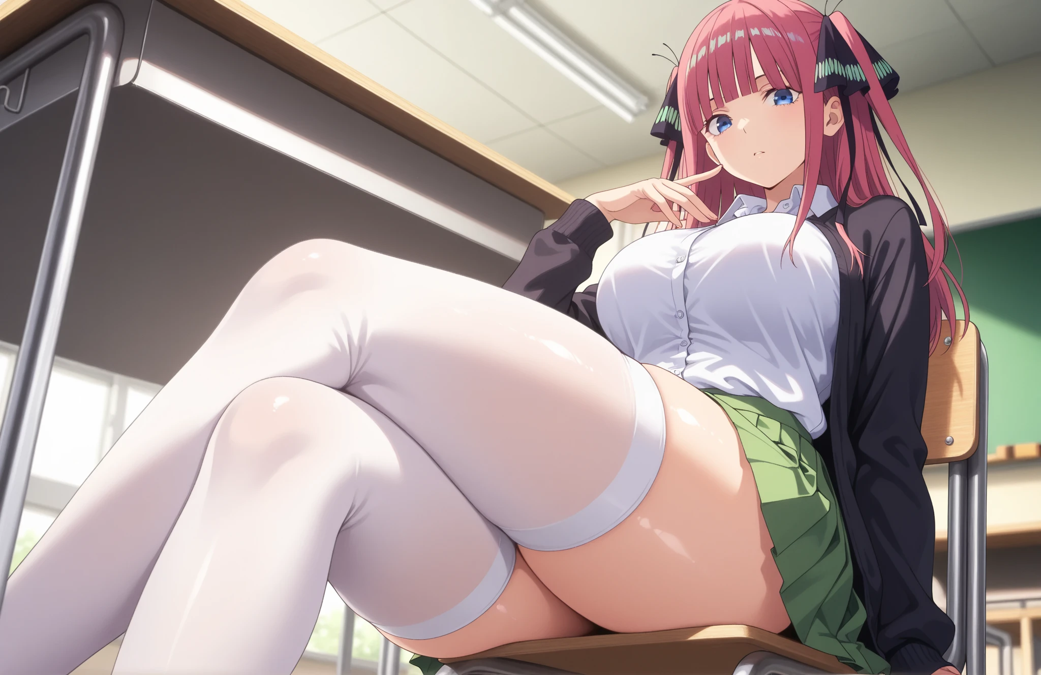 (2 girls) ,(old high quality) ,(Yukinoshita Yukino ,blue eyes), (Yuigahama Yui , brown eyes,big breasts),classroom , troubled face,(low position),(Seen from below),school uniform,(check skirt),,(lift up the skirt),thighs,knee,(white panties),(pink panties),