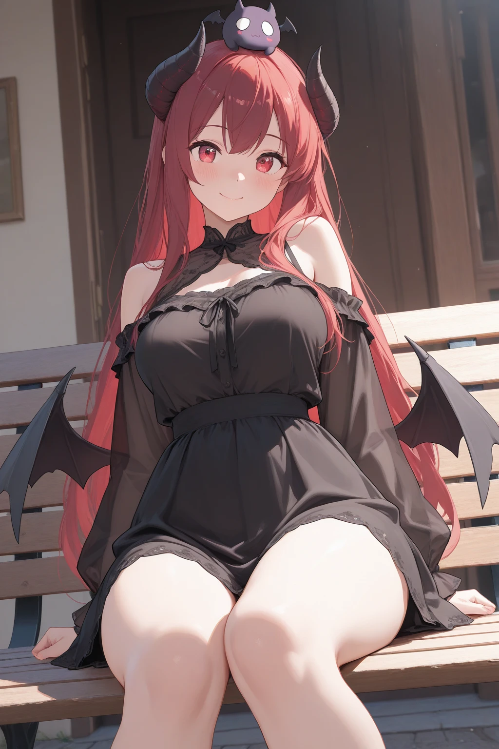 breasts, thighhighs, horns, outdoors, long hair, thighs, looking at viewer, pointy ears, crossed legs, red eyes, red hair, solo focus, bangs, thick thighs, sitting, open mouth, lamppost, ass, white thighhighs, tree, huge breasts, blush, cleavage, long sleeves, highleg, multiple girls, 1girl, day, shiny, tongue, large breasts, skindentation, piercing, thong, underwear, shiny skin, BREAK (masterpiece), (best quality), (highres)