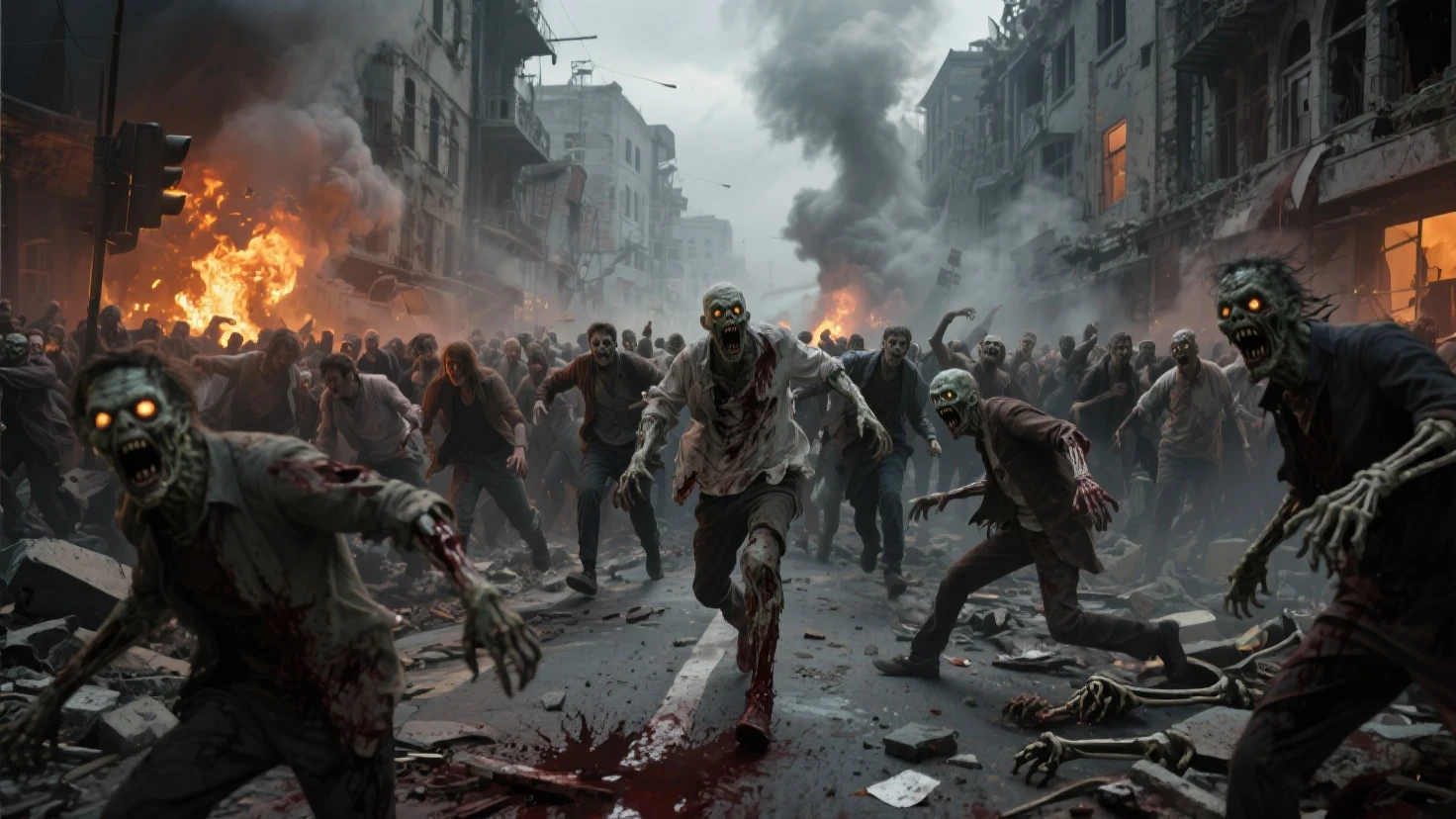 Early morning in a post-apocalyptic world, horde of realistic zombies surround a survivor wearing worn out clothes. The air is heavy with clear, crisp daylight.