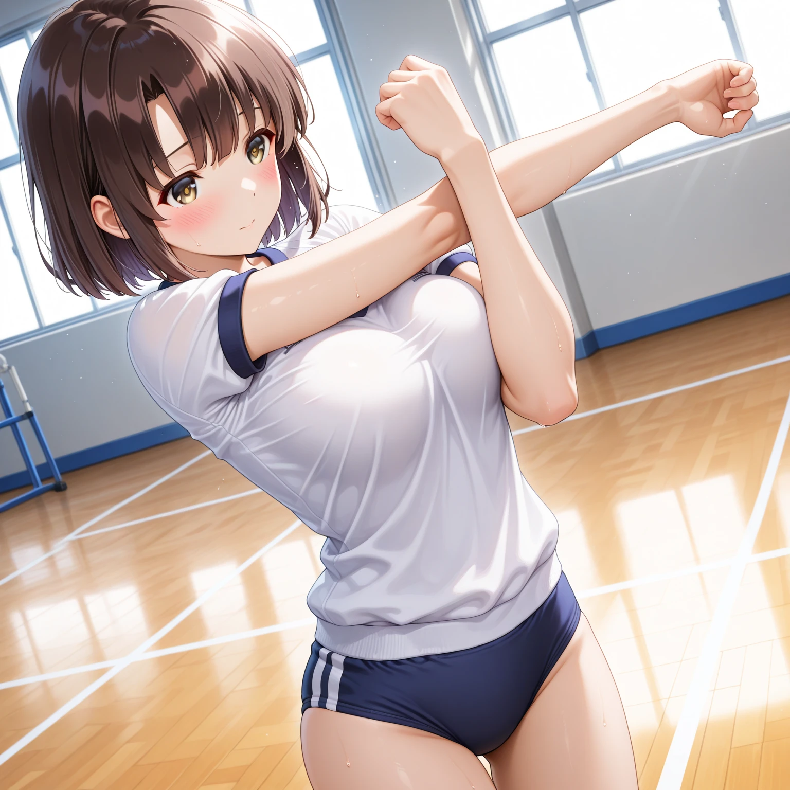 Misaka Mikoto,Tanned dark skin(There are tan lines on the swimsuit type):1.6、Heavy makeup(Purple eyeliner):1.1、False eyelashes、Dyed blonde:1.3, (Shortcuts:1.5), (Brown eyes:1.7), Ringlet, hair bow, bow, red bow, (Beautiful breasts:1.5),Nipple erection、
break,Detailed high-cut race queen uniform:1.3、Shortcuts
break looking at viewer, whole body,
Dark gymnasium warehouse、
break (masterpiece:1.2), highest quality, High resolution, unity 8k wallpaper, (shape:0.8), (Beautiful and beautiful eyes:1.6), Highly detailed face, Perfect lighting, Highly detailed CG, (Perfect hands, Perfect Anatomy)、、Sweaty、whole bodyポートレート、Misaka Mikoto looks embarrassed、Mischievous Smile:1.2、blush:1.3、Sweaty:1.3、whole body像、Sweaty outfit、Close ~ eyes、Sad-looking face:1.3、Doing squats
