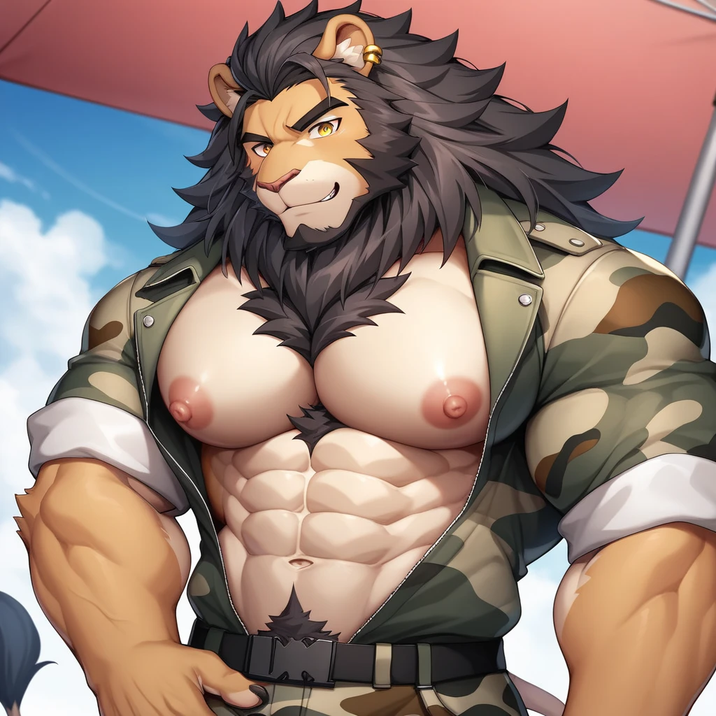 (4K resolution, realistic), bara, lifeguard, man with bread, half-wolf half-human, human appearance with wolf ears and tail, shirtless, strong muscles, confident expression, beach setting, sunny day, waves, lifeguard tower, sunglasses, sunscreen, whistle, rescue buoy, high energy, alert, muscular physique, wolf-like agility, protective instincts, tan skin, wet hair, athletic build. he has black hair and hairy. He has a faded mohawks and bushy beard, and have a big black wolf tail He has red shorts he has short hair , and hes is naked