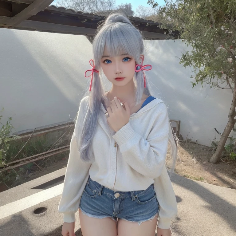 photorealistic, high resolution, 1 girl, gray hair, korean, heterochromic eyes, small moles under eyes, bikini, big, blue hair, (blonde mesh), beach, outdoor, pigtails straight hair, yes yes, on all fours, shorts, princess cut, wharf,