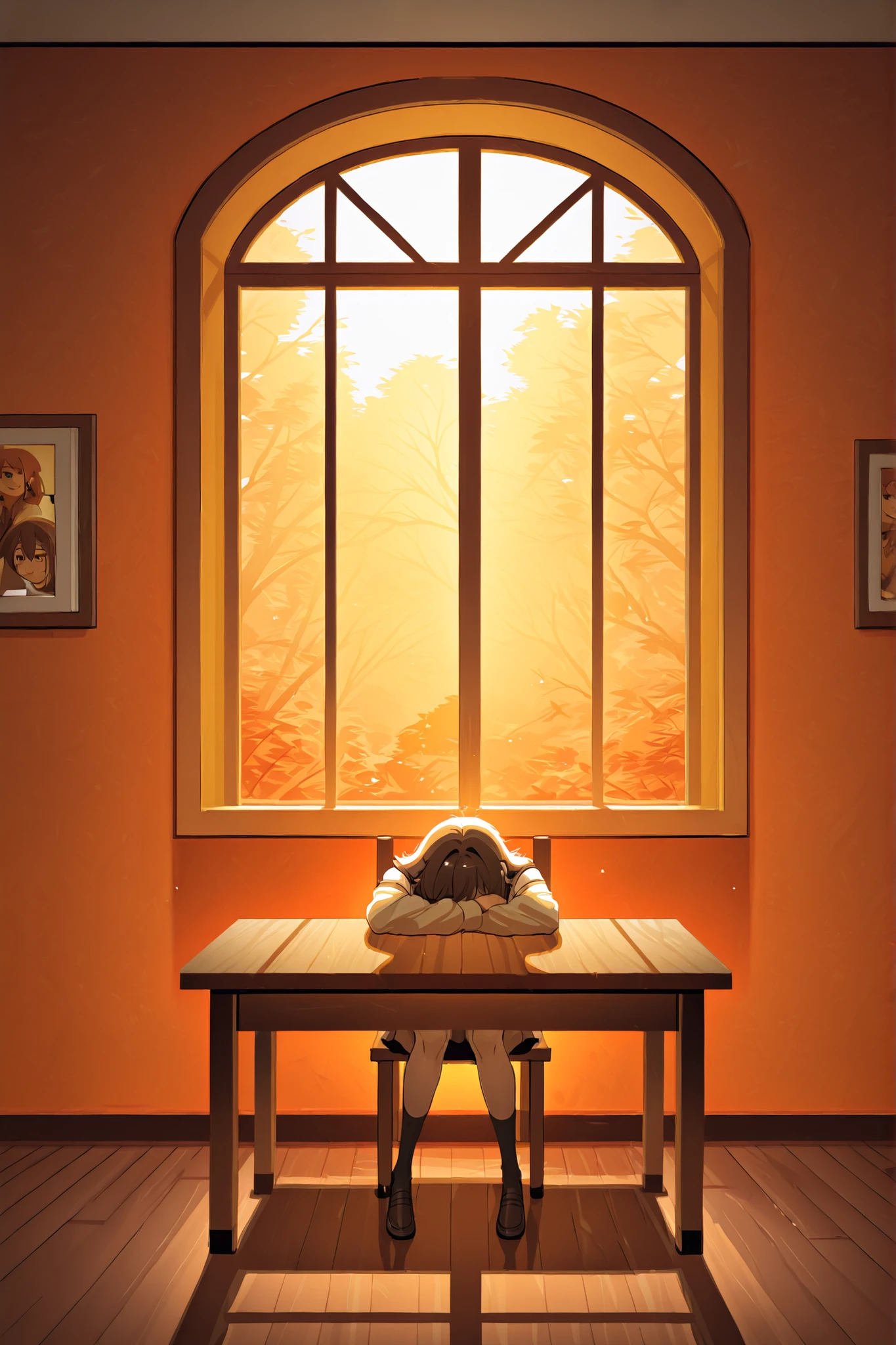 In a striking monochromatic composition, the room is bathed in an intense orange hue. Central to the image is a round yellow table with thin legs, positioned against a vivid orange wall. Sunlight streams through an unseen window, casting rectangular shadows on the wall, enhancing the warm, sunlit atmosphere. A person, wearing a light-colored long-sleeve top, sits alone at the table, with their arms casually resting on its surface. The vivid color palette and the interplay of light and shadow create an ambiance that is both serene and surreal, as if suspended in a moment of quiet introspection. The minimalistic setting emphasizes the expansive use of color, giving the scene a dreamlike quality.