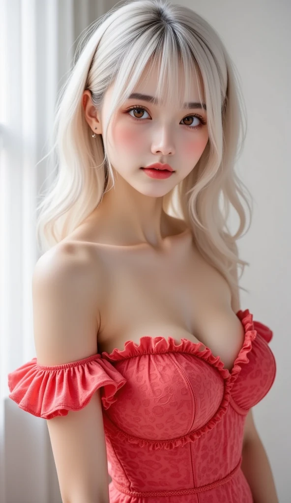 top-quality、超A high resolution、(Photorealsitic:1.4)、(Details Beautiful Girl:1.4)、(mideum breasts:0.8)、up looking_で_viewer、detailed face details、beatiful detailed eyes、White hair、red eyes、Thin、haunting smile、(makeups:0.3)、red-lips、Very detailed clothes、(ulzzang -6500-v1.1:0.3)、fullnude
