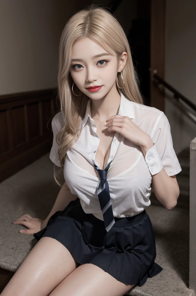 Mix 4, (8k, RAW Photos, Highest quality, masterpiece: 1.45), (Realistic, photoRealistic: 1.37), kitagawa marin,  (Blonde, Pink gradient hair), ((Long Hair, Sink bangs,Colorful Hair, Red eyes)),Pose like a model,Japanese women, 16 years old,high School student、Model body type, (Big Breasts:1.3), Narrow waist, Beautiful Face, Beautiful Eyes, Multiple simple dot earrings on earlobe, Cartilage rod piercing, White shirt, Shirt with tie, Black choker,  Blue tie, Checked skirt,  ニヤリと笑うsmile, カウボーイshot, inside the School、classroom、hight School, 1 girl, alone, Detailed face and eyes, Upper body photo. Realistic, Realistic.Marin Gyaru,School_uniform, Embarrassed look, (((( M-shaped feet, please look )))), (Please spread your legs wide and show me: 1.5), Real nipples, Genuine open, Browsing Caution, (erupt from pussy:1.2),(erupt:1.2),(A puddle of pussy juice:1.15)(smile:0.7)、((shot))、((Crotch close-up:1.2))、((Pictures that emphasize pussy))、Real Pussy