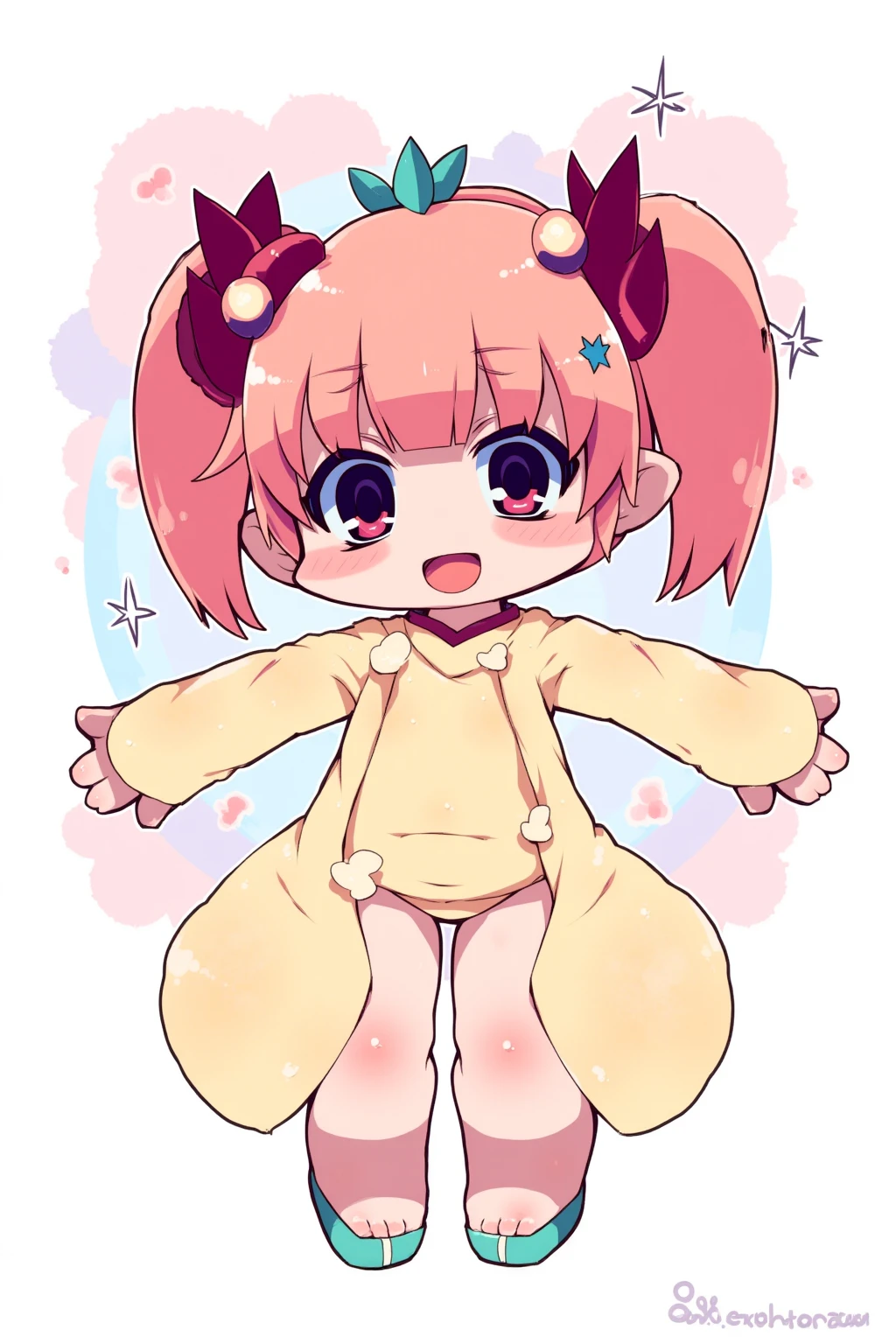 1girl,cat girl,animal ears,tail,looking at viewer,smile,peace sign,pink kawaii room,heart item,ribbon,standing,upper body, (obesity:1.3),