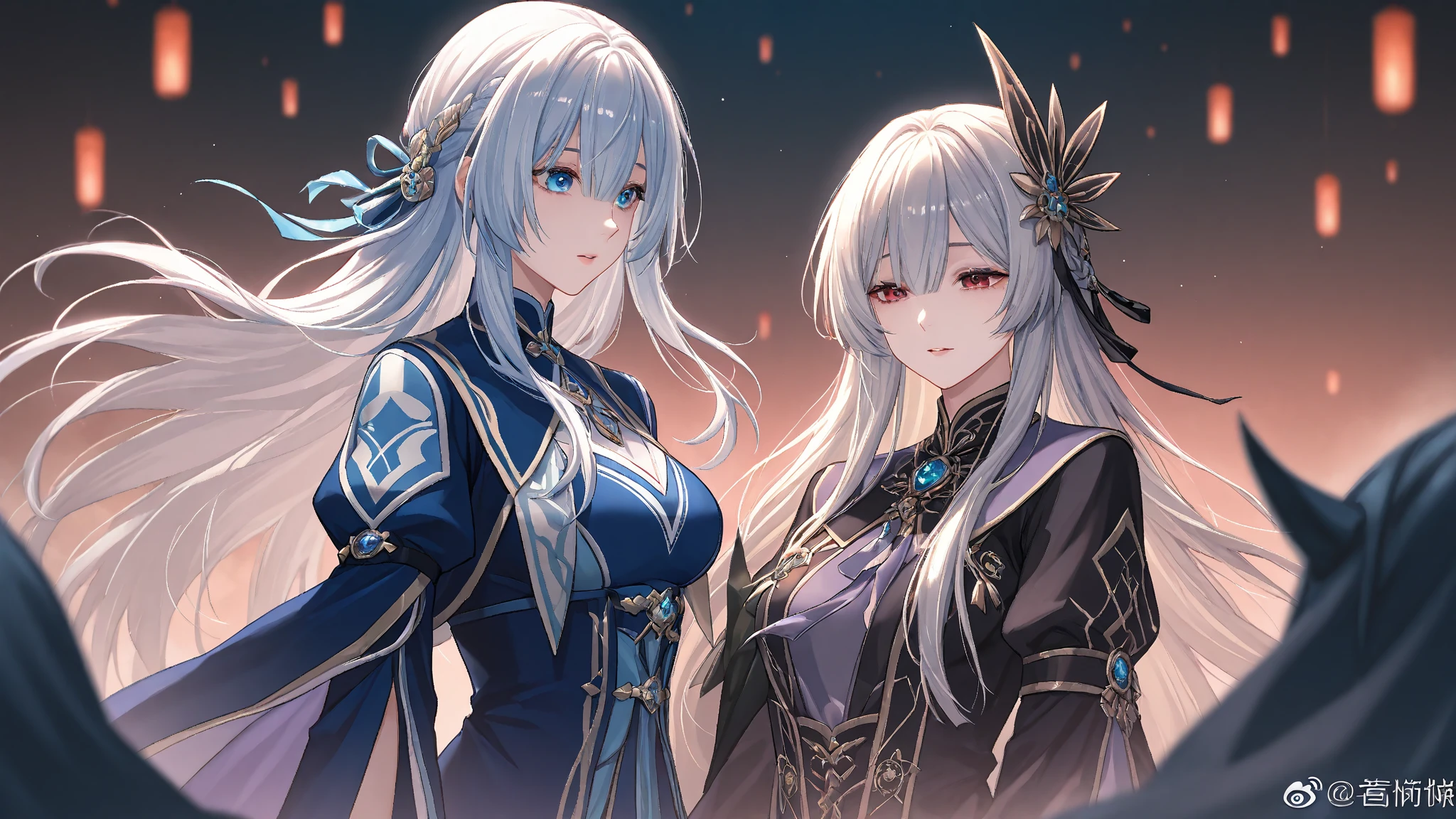 A (military man with his black uniform with hood, rectangular green eyes). A (young boy, long straight and loose black hair, angular eyes, feeling, black Chinese ancient costume with star diamond ornaments and shiny silver dragon crowns). The two characters sitting on a temple roof watching the star constellations of the galaxy in neon light. anime type