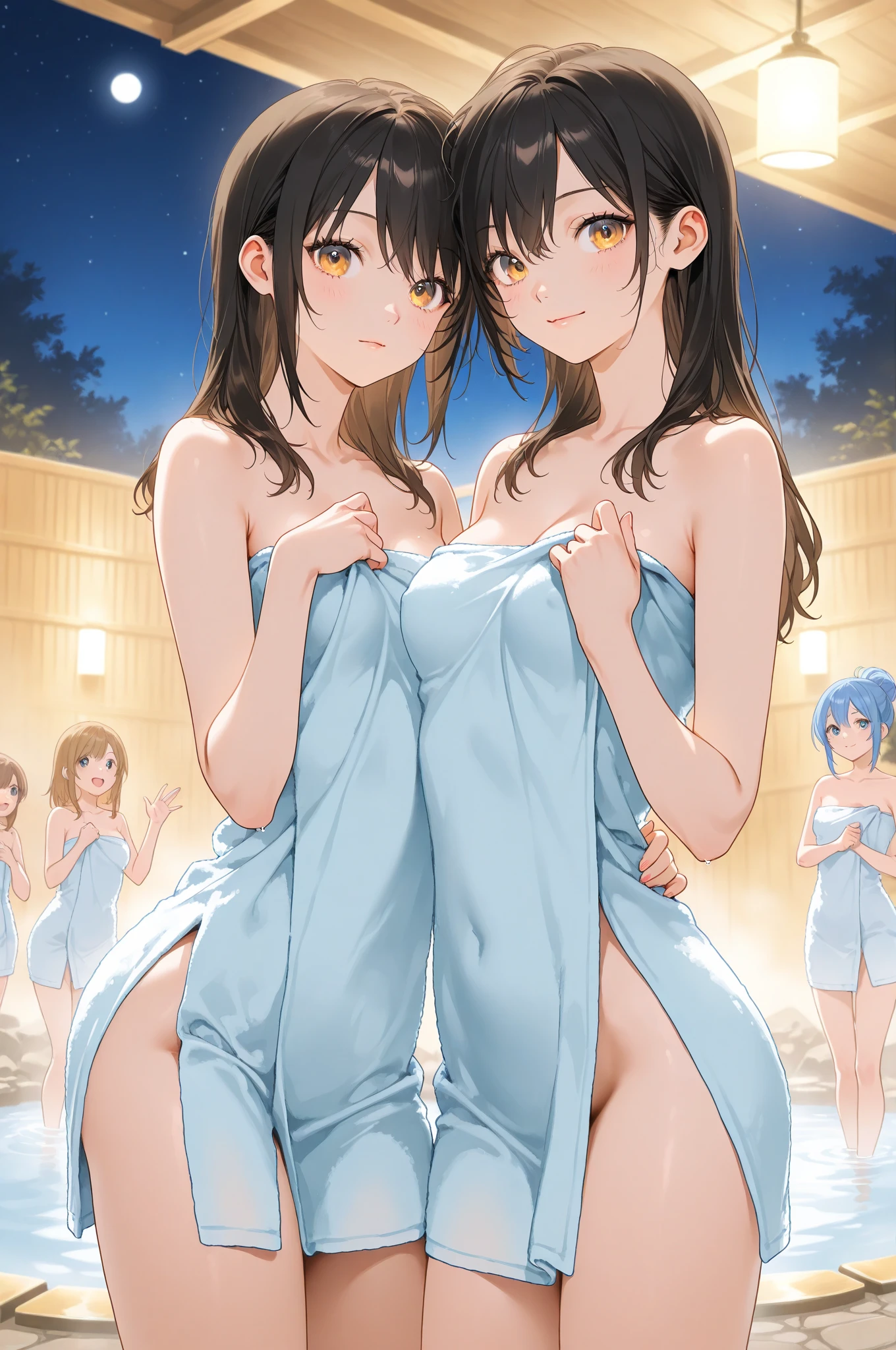 ((highest quality)), ((masterpiece)), (3 girls:1.5), Three cute girls are posing for the camera in a hot spring at night。, (shirtを持ち上げる:1.3), (three people standing in a row), (Close-up shot from the waist up), (open your mouth and smile:1.3), ray tracing, ((topless)), (), nipple, chest, hair band, head band, hair bobble, blouse, shirt, (high resolution face:1.5), (High definition finger 1.5), 4-year-old, 5 years old, 6 years old, 7 years old, ((No panties)), Pussy, No skirts, Asian, Westerners, silver hair, brown hair, blonde, (belly button), jewelry, looking at the viewer, necklace, long hair, short hair, (abs),(written boundary depth),