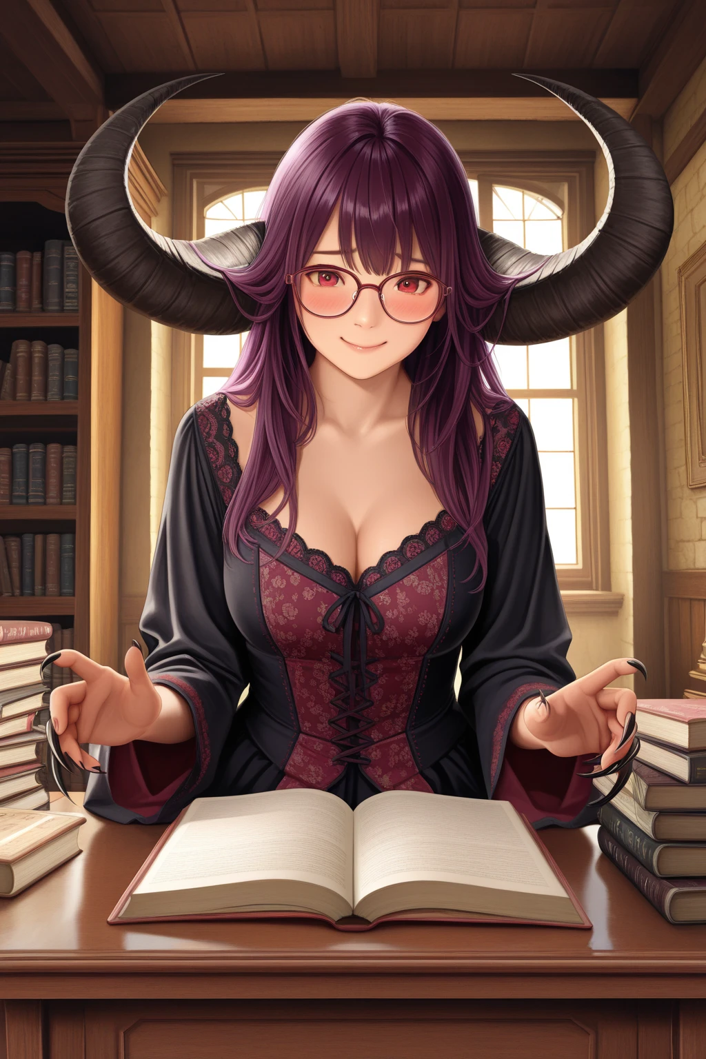 (dark skin), purple hair, (best quality, masterpiece), sitting, looking at the viewer, hands on the table, table in front, office background, 1woman, neckline, mini skirt, white shirt, large breasts, large thighs, dark skin, glasses, short, dark skin, solo,, standing, scales, dark red dragon horns, dark red dragon tail, subtle paterns of bright shades of purple along its limbs and tail, red eyes