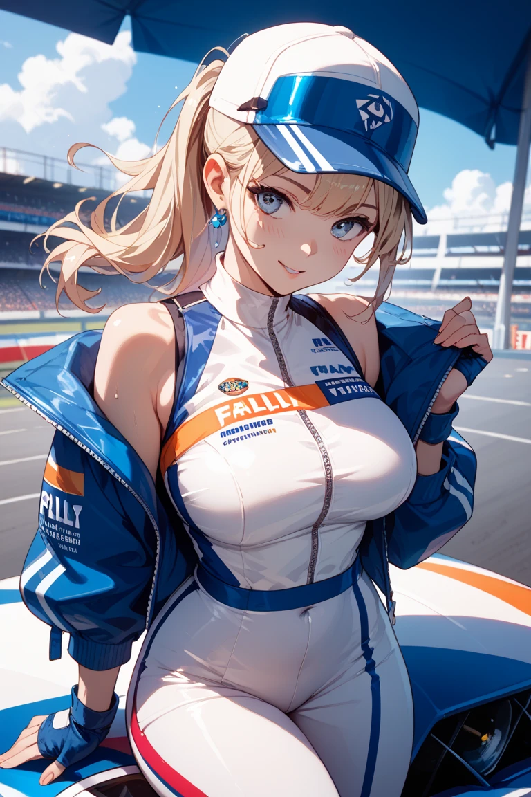 Taiwanese idol girl Blonde with bangs ((Rimless glasses)) Large Breasts Cleavage Big smiling eyes ((White Face Mask)) Sunset on the roof of a building ((Racing team bodycon dress made from shiny white and blue patent leather with sponsor lettering.)) ((Enamel Knee High Boots)) A masterpiece of plump thighs 8K Sit with your legs apart Drawn from above glamorous Sweaty armpits Beautiful armpits Side pussy Soft lighting
