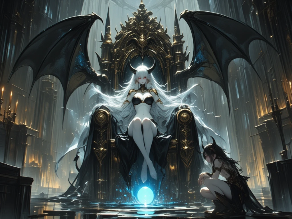 a fantasy image, a cave full of bones and a throne of skulls, it should show a thin moonlight, in the center of the image there should be a woman with bat wings and horns, the bottom should be rocky with an opening at the top of the cave.