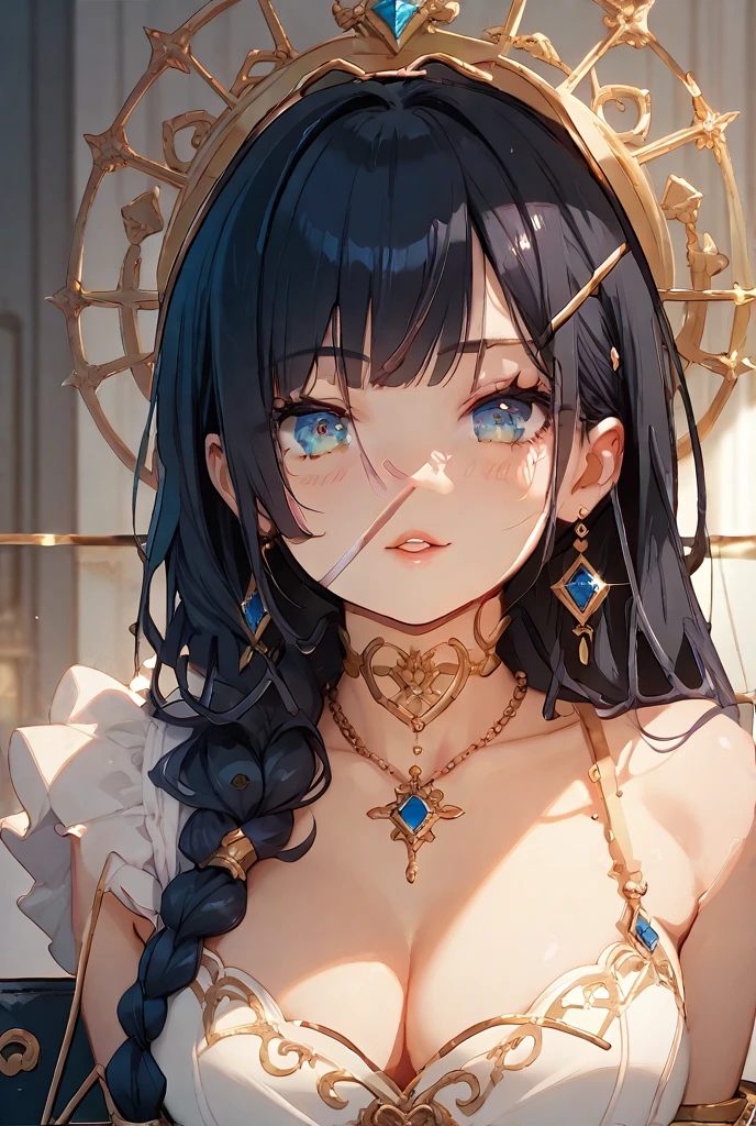 absurdres, RAW photo, extremely delicate and beautiful, masterpiece, Best Quality, ultra high resolution, 32k, hyperrealistic, ultra-detailed, delicate facial features, beautiful detailed woman, tearful mole, earring, medium breasts, full body shot, medium hair, black hair, Dunhuang Apsaras costume, Dunhuang style, 