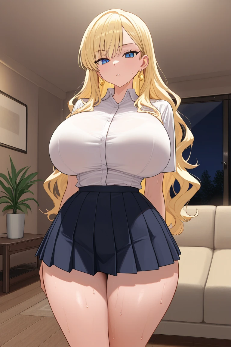 ((highres)), Masterpiece, high quality, best quality, beautiful, perfect lighting, detailed face, ultra cute face, ((1girl)), ((solo), long blonde hair, fluffy hair, blue eyes, ((blush)), nervous, looking at viewer, arms behind back, standing in a office, (office), daytime, dress shirt, pencil skirt, thigh highs, (wide hips), (thick thighs), plump, large breasts, perky breasts, 20 year old female,