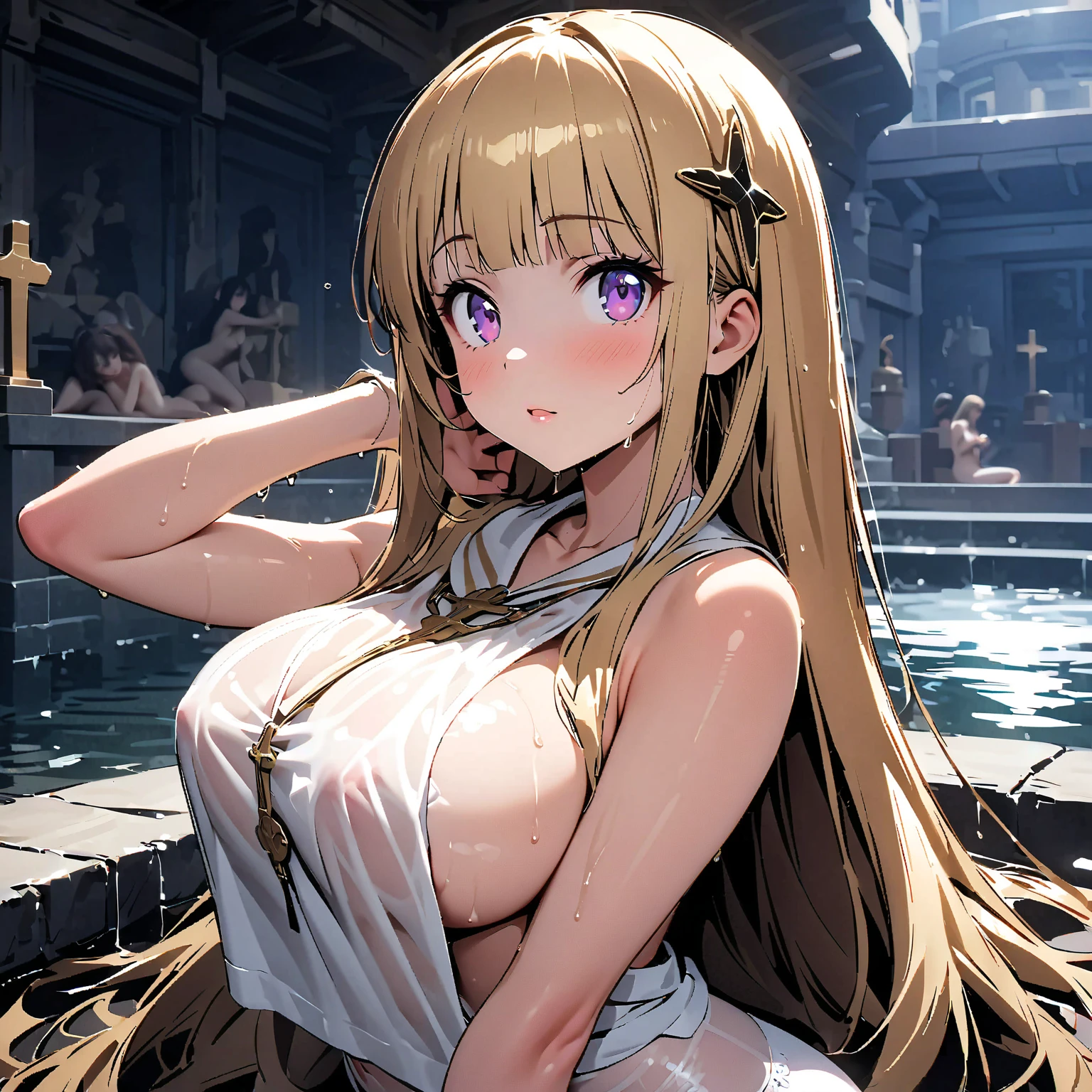 masterpiece, highest quality, Medium wide shot、cowboy shot、NSFW、prostitute、naked men and women、1 mature woman、(mint, blue eyes, braid,、long blonde hair、hair between eyes)、((big breasts、huge breasts、big areola、erect nipples))、 (((Full naked、nudist)))、 ((pubic hair、hairy、pubic hair、pubic hair))、(One Naked Man,strong man、)、One、(Stand up straight)、vagina、penis、naked men and womenが並んで立つ、smiling、looking at the viewer、