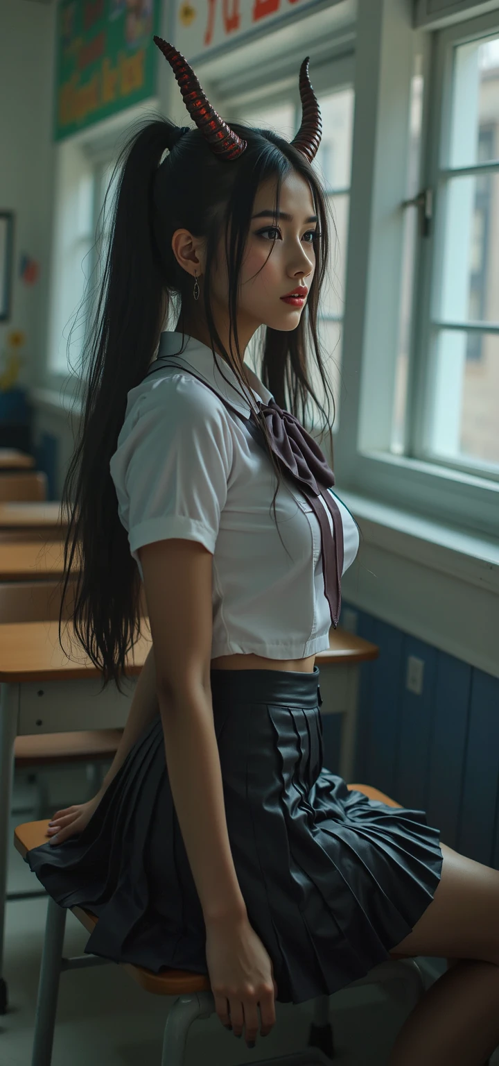 A white skin and long straight black hair and fit woman teacher wears a black leather boots and black leather skirt and white t shirt and cum on face