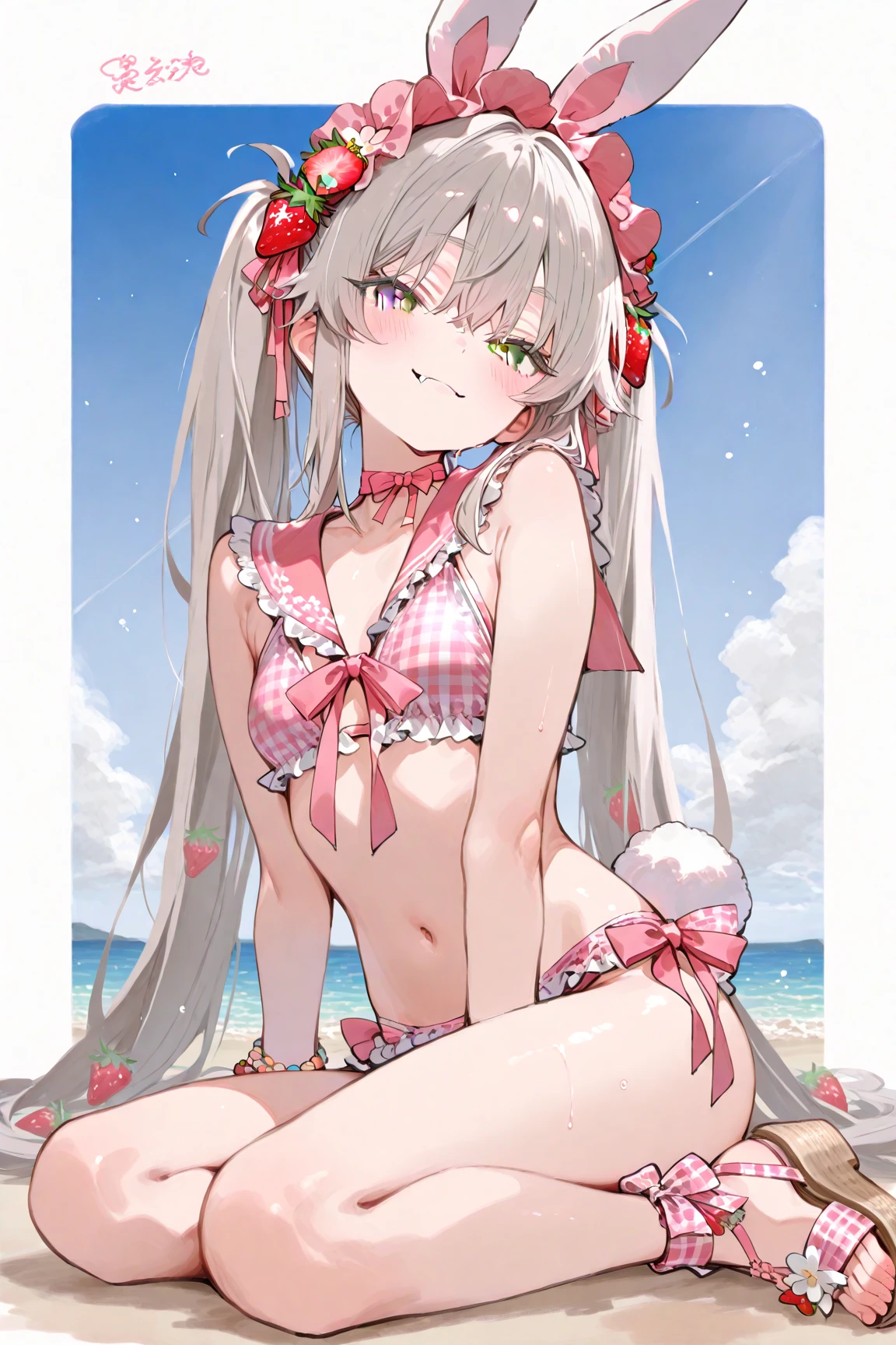 summer、1 girl、Silver fur、((Pink sparkly eyes))、A sloppy smile、Open your mouth、Swimwear、Lie down