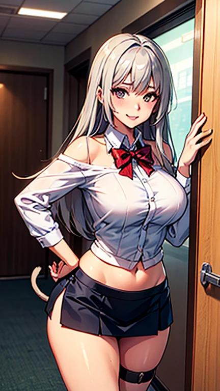 (Highest quality, High resolution, Very detailed), 1 female, Silver Hair, Long Hair, Reddish brown eyes, suit skirt, Nude, pussy, vaginale, ((pussy juice)), secretary, 24th generation, Beautiful woman, mature, thin, quiet, Calm, Large Breasts, A small smile, office,