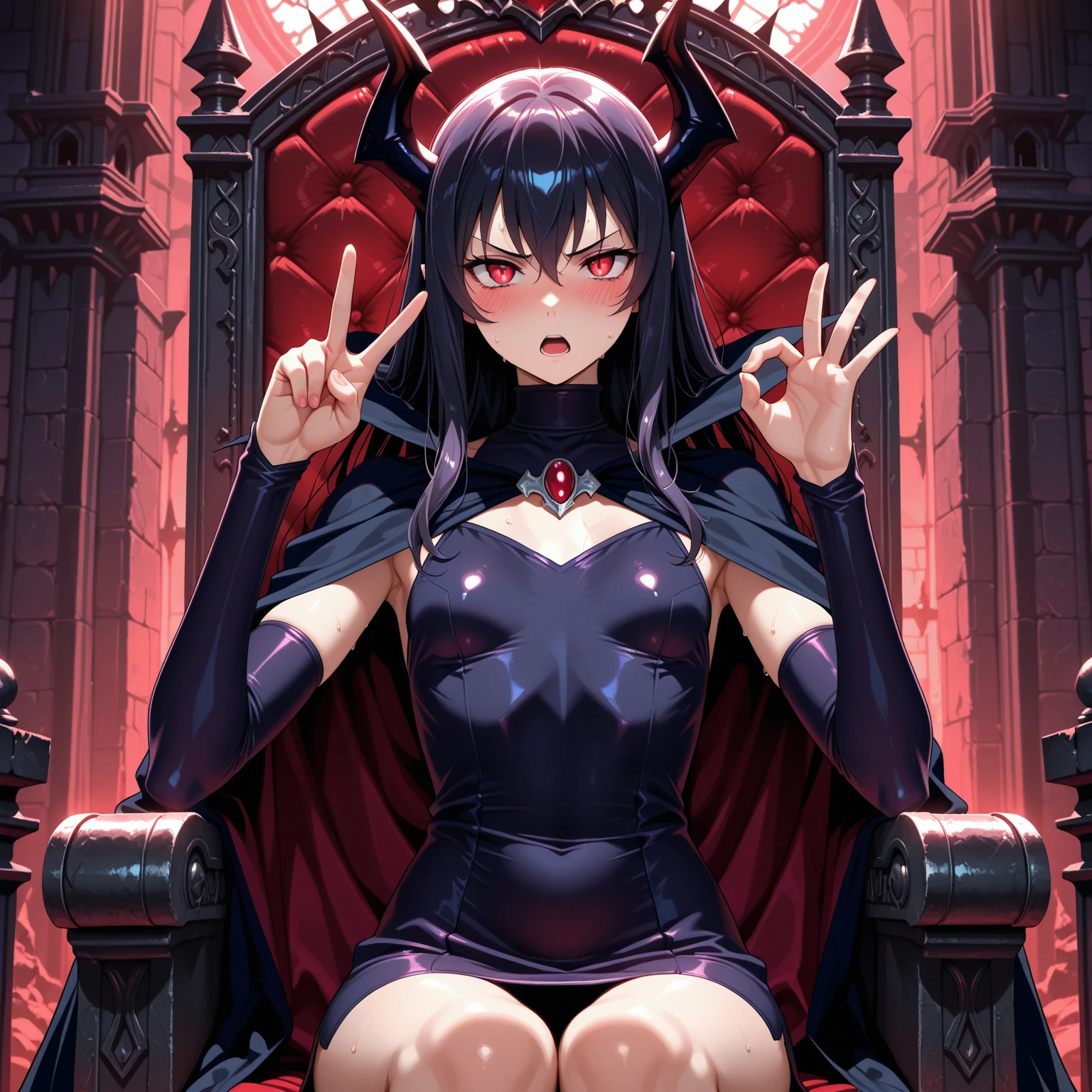masterpiece, Score_9, Score_8_up, Score_7_up, front view, 1 woman, alone, black hair with red, long hair, split bangs, dark red eyes, half-closed eyes, parted lips, expressionless, pale skin, large breasts, best quality, horns top, long open bangs, basic black dress with v-neckline, high heels, sitting on a throne, boku no Hero academia 