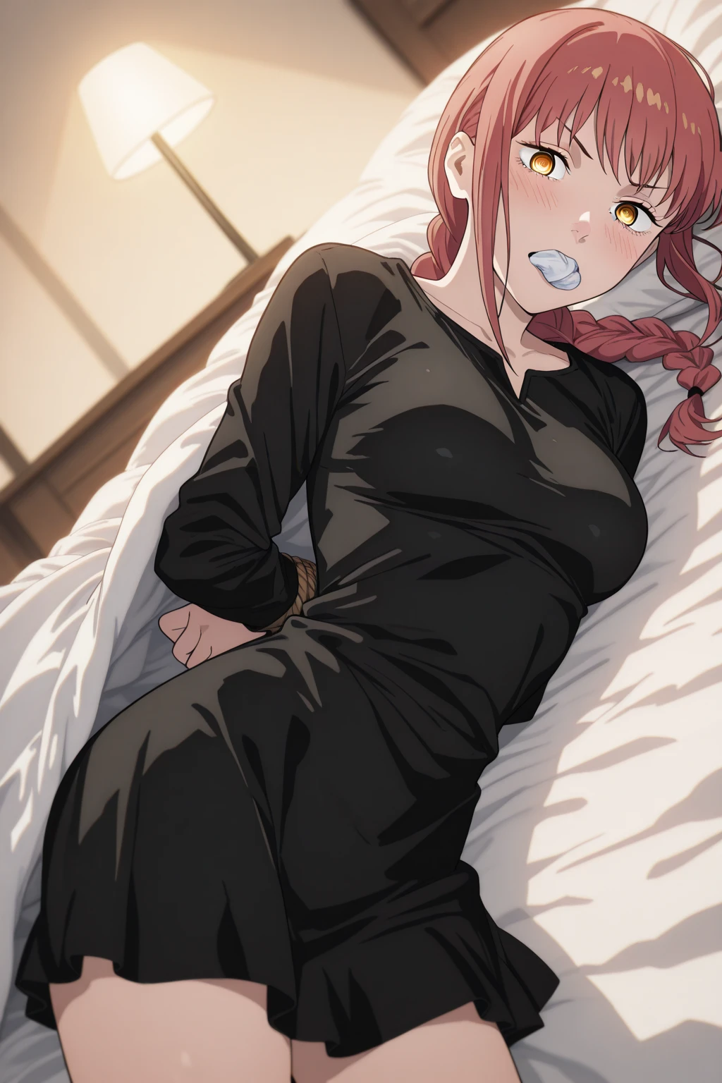 [[beautiful]], amazing, (best quality:1.5), (masterpiece:1.5), extremely delicate and beautiful, intricate details, finely detailed, extremely detailed, beautifully detailed, ultra-detailed, (hyperdetailed:1.5), high resolution, (illustration), watercolor pencil, Clear line drawing, (ufotable style:1.1), (ufotable screen cap:1.1), anime coloring, anime screencap, (latest picture), backlighting, dynamic angle, glow, depth of field, [[body satisfaction]], (body with a good balance of style:1.5), (slender figure:1.5), perfect body, perfect hands, perfect feet, (two arms:1.2), (two legs:1.2), (five fingers each:1.2), (perfect joint:1.2), perfect joint movement, beautiful detailed eyes, (detailed eyes:1.5), finely detailed eyes, perfect ???????, full dissection, perfect composition, correct limbs, balance and coordination in all things, realistic:0.5, precise fingers and hands, (finely drawn hair:1.5), [[pyra]], red hair, swept bangs, bangs, red eyes, medium breasts, small-sized buttocks, short hair, eyelashes, floating hair, earrings, [[Bedroom]], (bed:1.2), bed background, indoors, [[long-sleeved sweater]], (long-sleeved sweater:1.5), (taking out a hem:1.2), (black pantyhose:1.5), [[blush]], shy, (sweat:1.5), (teary eyes:1.7), (???????:1.5), gasping face, (??????? face), (white liquid drips between her legs and down her thighs:1.5), (spread one's legs:1.3), (solo:1.5), self-love, self fondle, 1girl, (missionary position:1.5), (lying:1.5), (lie on the bed:2.0), missionary, missionary pose, supine position, push down, on back, fpov, lying_bustup_shot,