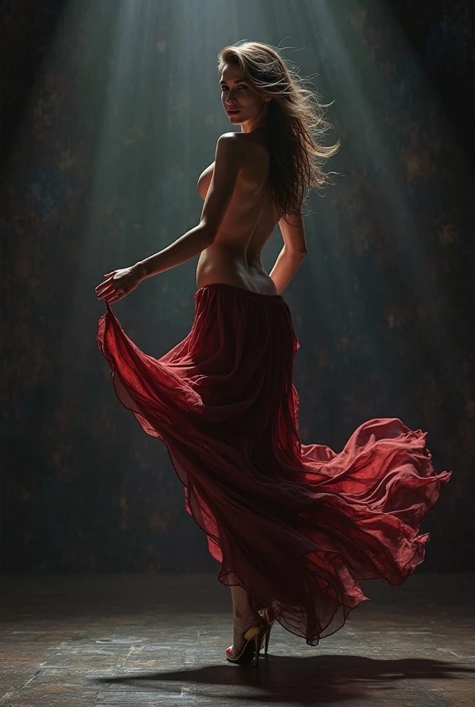 a brune woman dancing in skirt, view from behing, looking back, with the tongue out
