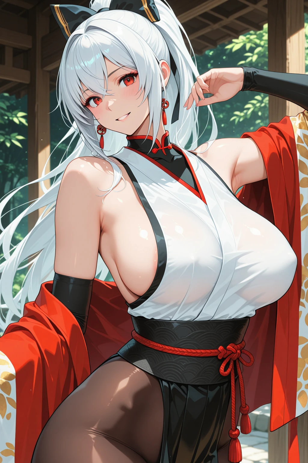 female, oni, fleshy horns, skin horns, ((micro bikini)), white hair, long hair, large breasts, cleavage, red eyes, kanabo, forest, japanese shrine, straight hair, pointed ears, smile, huge female, very tall female, tiny waist, broad shoulders